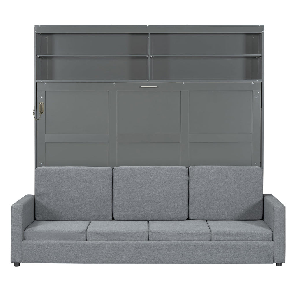 Merax Queen Size Murphy Cabinet Bed with Sofa, Wood Folding Murphy Bed with Open Shelves, Space-Saving Wall Bed for Guest Room and Home Office