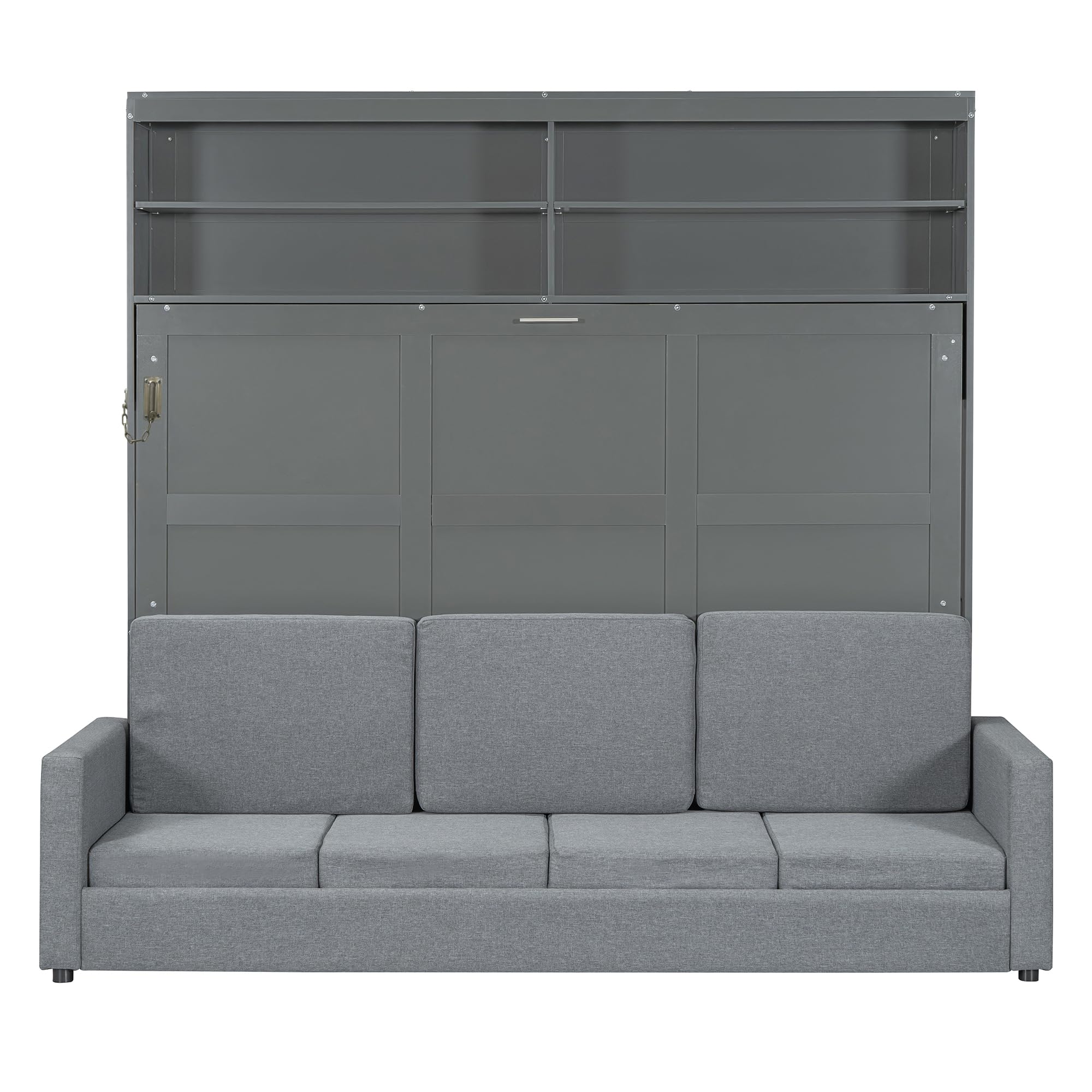 Merax Queen Size Murphy Cabinet Bed with Sofa, Wood Folding Murphy Bed with Open Shelves, Space-Saving Wall Bed for Guest Room and Home Office