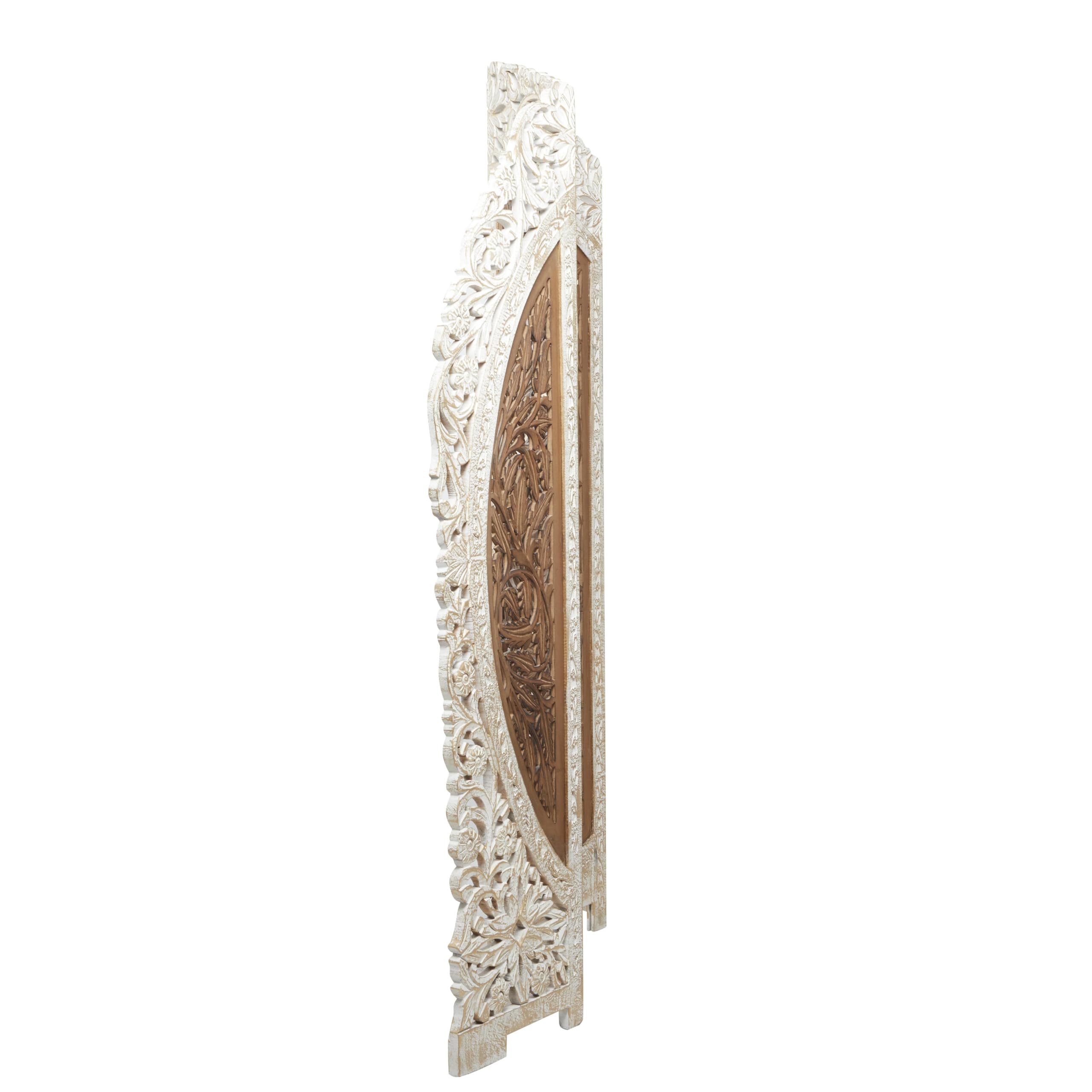 Deco 79 Mango Wood Floral Handmade Partition Room Divider Screen Foldable Arched Partition 4 Panel Privacy Screen with Intricately Carved Designs, Room Partition 62" x 1" x 72", Brown