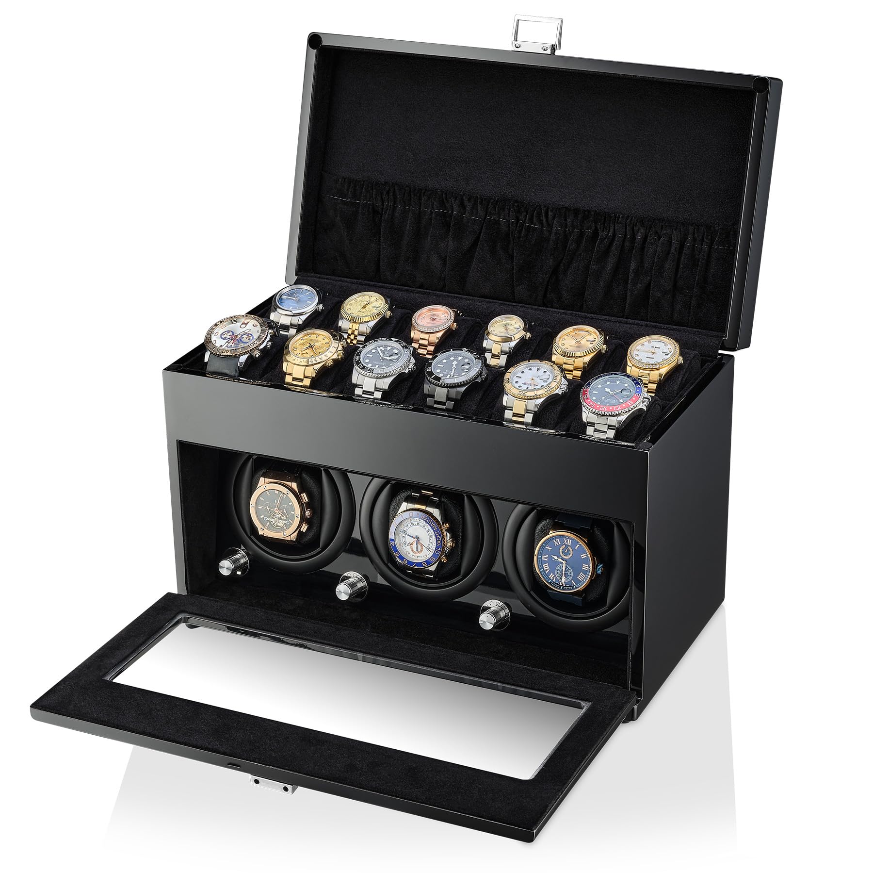 Watch Winder and Storage Box for Winding 3 Automatic Watches and 12 Watch Storage Space (Black+ Black)