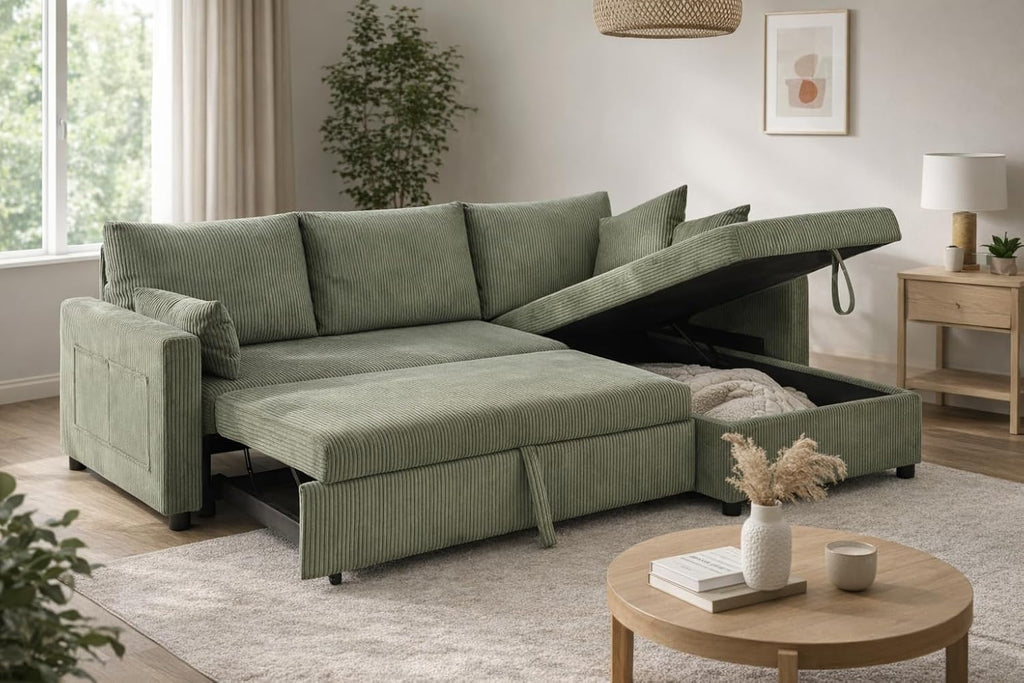 Trygoal Queen Sleeper Sofa, Convertible Sofa Bed with Storage, 85 Inch Sectional Couch with Pull Out Bed, L Shaped 3 Seat Sectional Sleeper Sofa for Living Room, Apartment, Green