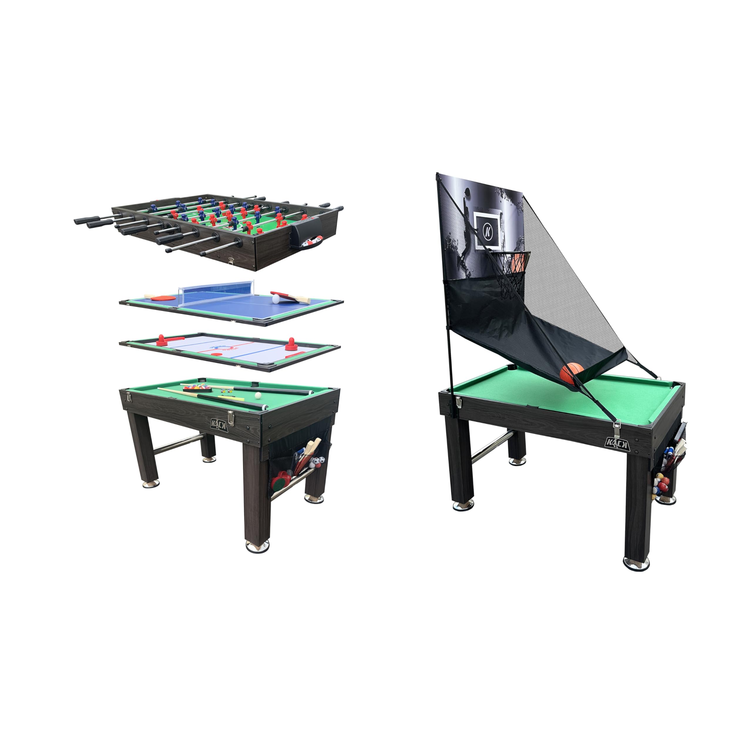 KICK Morpheus 55" 5-in-1 Multi-Game Table (Brown) – Foosball, Billiards/Pool, Ping Pong, Glide Hockey, and Basketball