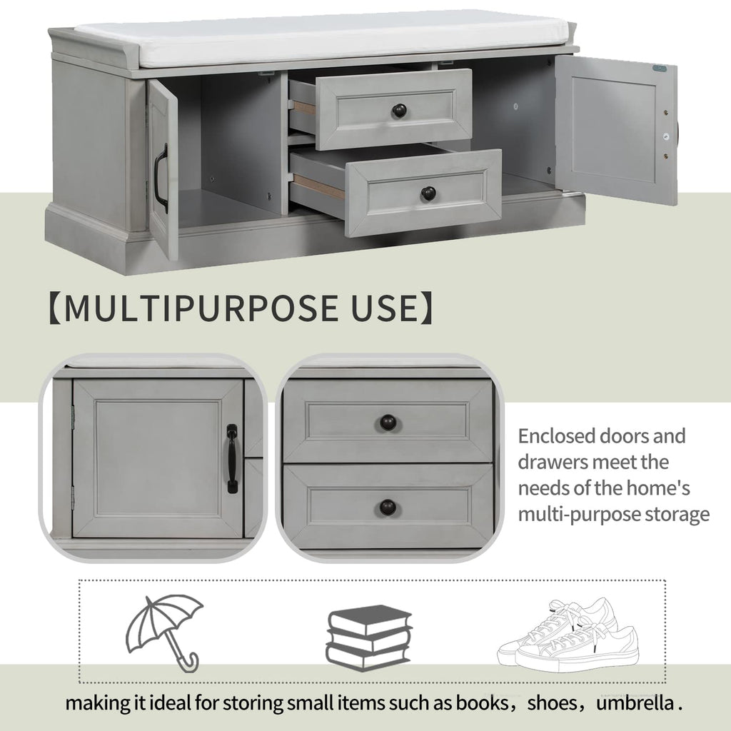 Acosure 42″ Storage Bench with 2 Drawers and 2 Cabinets，Multipurpose Entryway Shoe Rack W/Removable Cushion，for Living Room Hallway Porch,Gray Wash
