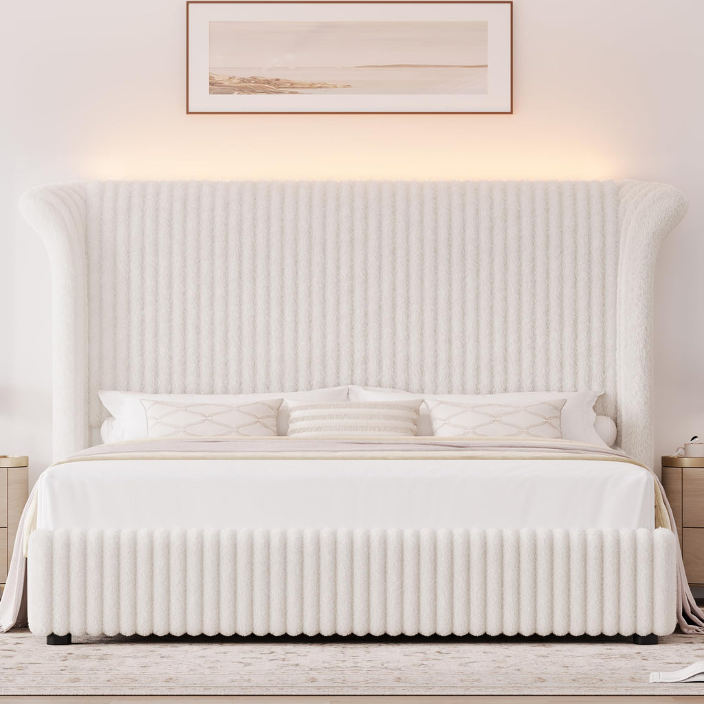 Keyluv King Bed Frame with 54.3” Tall Faux-Fur Wingback Headboard, Upholstered Platform Bed with LED Light, Mattress Foundation with Solid Wooden Slats Support, No Box Spring Needed, Noise-Free, Beige