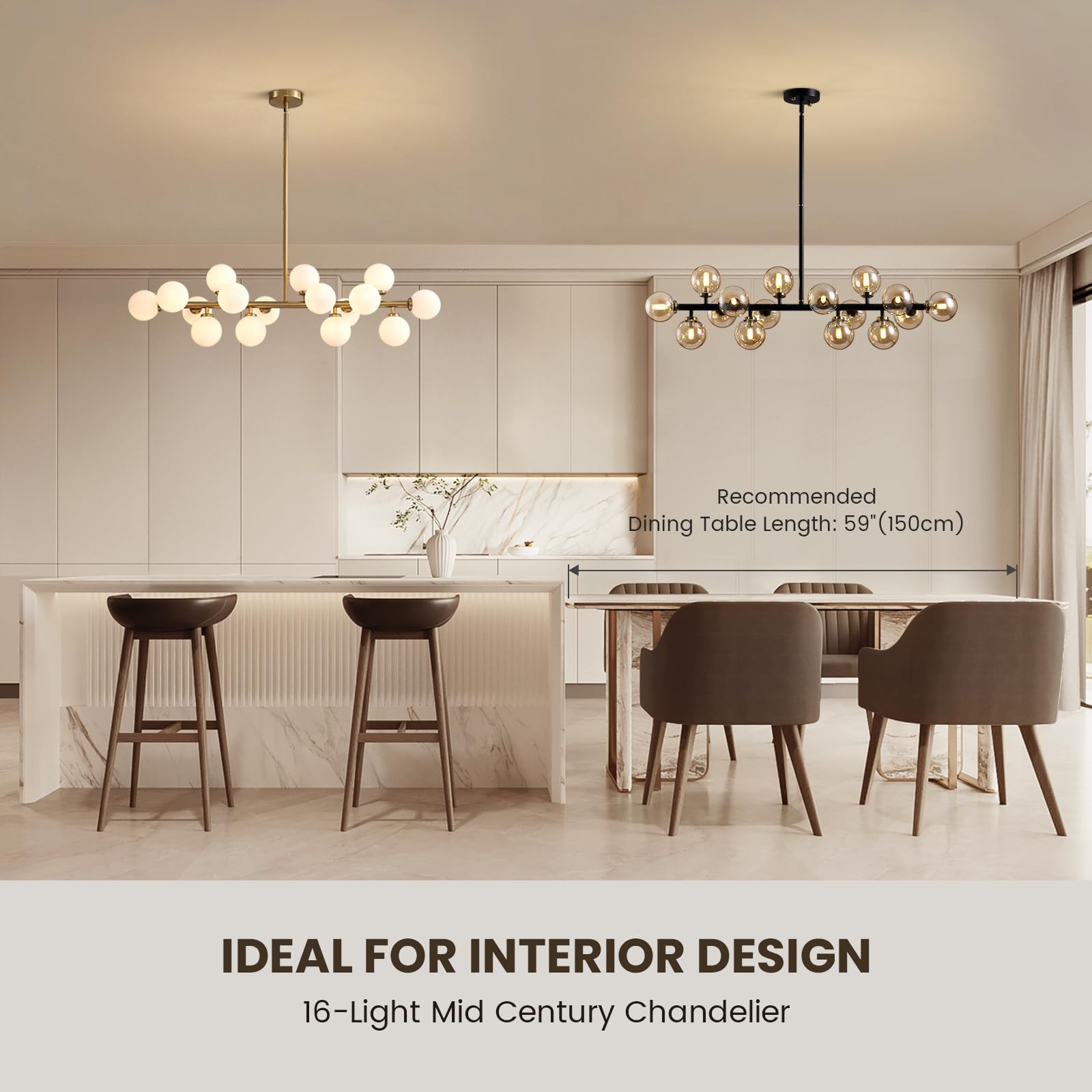 APBEAMLighting Mid Century Modern Chandeliers for Dining Room, 39" Linear Pendant Light Fixtures with Amber Glass Globe, 16-Light Sputnik Hanging Light for Living Room Kitchen Island