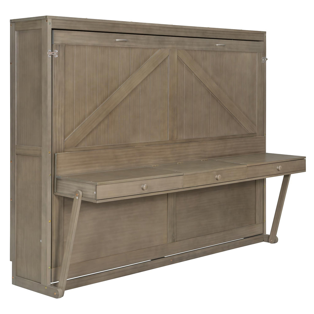 Ball & Cast Murphy Bed Queen W/Built-in Vanity Desk,Murphy Frame Cabinet W/ 2 Side Drawers,Wood Hide Away Wall Bed W/Center Mirror,for Bedroom,Home Office,Home Gym,Distressed Gray