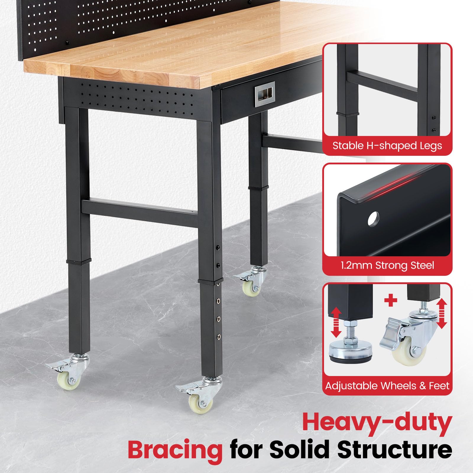ENJOYWOOD Work Bench with Wheels 60 x 22 Inch Heavy Duty Rubberwood Tabletop Work Table Adjustable Height Garage Workbench with LED, Drawers, Pegboard, Power Outlets for Woodworking Shop, Home, Office