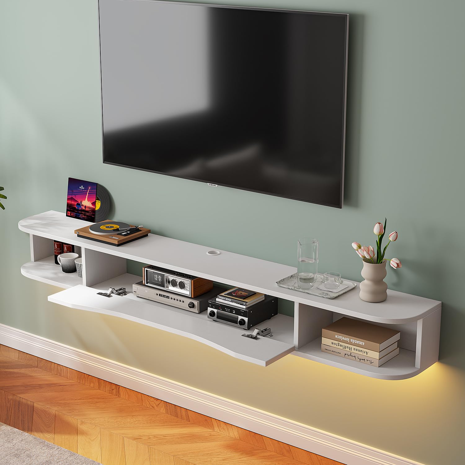 FurniNova 70'' Floating TV Stand, Modern Wall Mounted Media Console for 75 inch TV,Floating Entertainment Center with Storage,Under TV Shelf for Living Room Bedroom,White