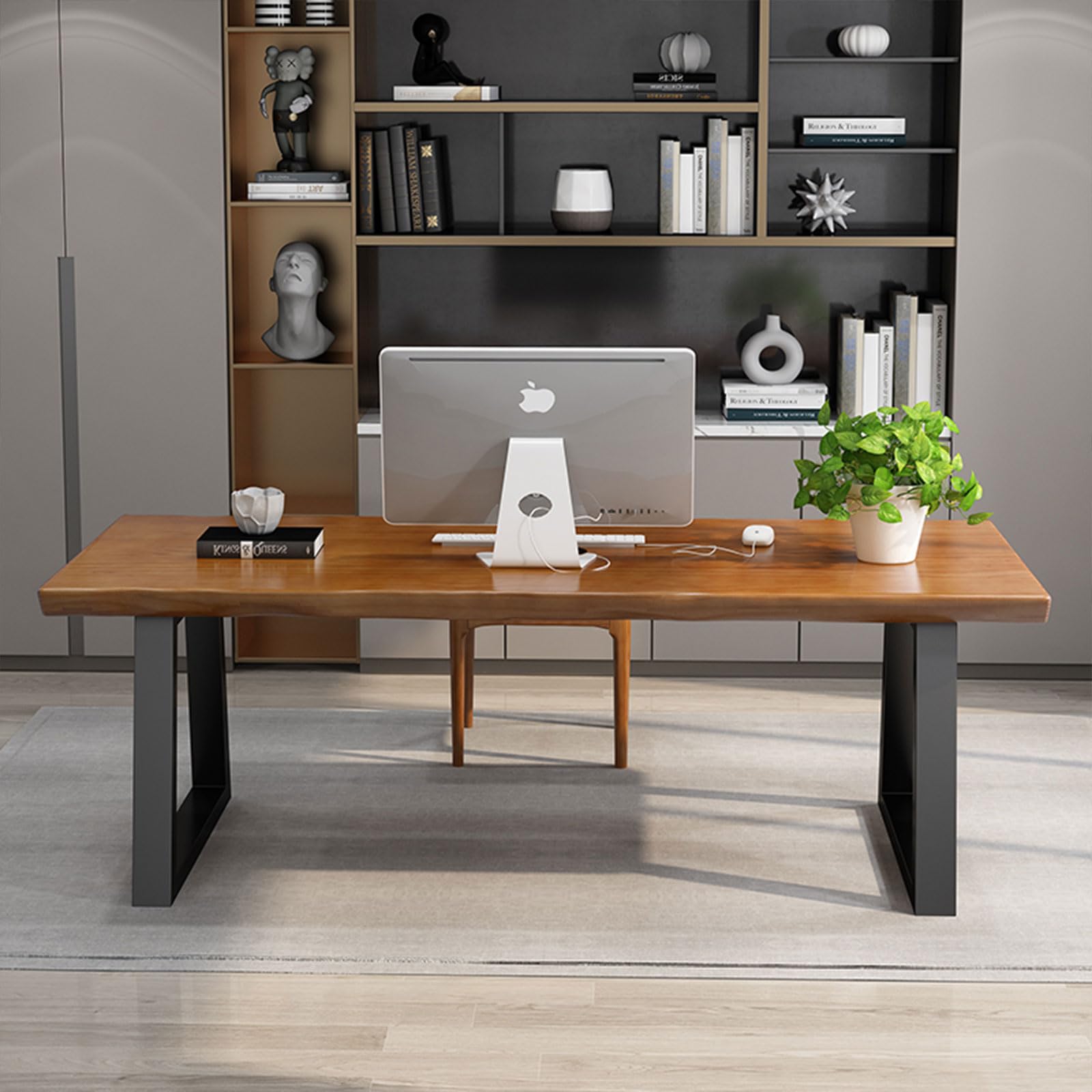 tiedingdingjiaju Modern Solid Wood Executive Desk – Spacious and Minimalist Home Office Workstation Perfect for Writing and Professional Use (Light Brown, 62.99in)