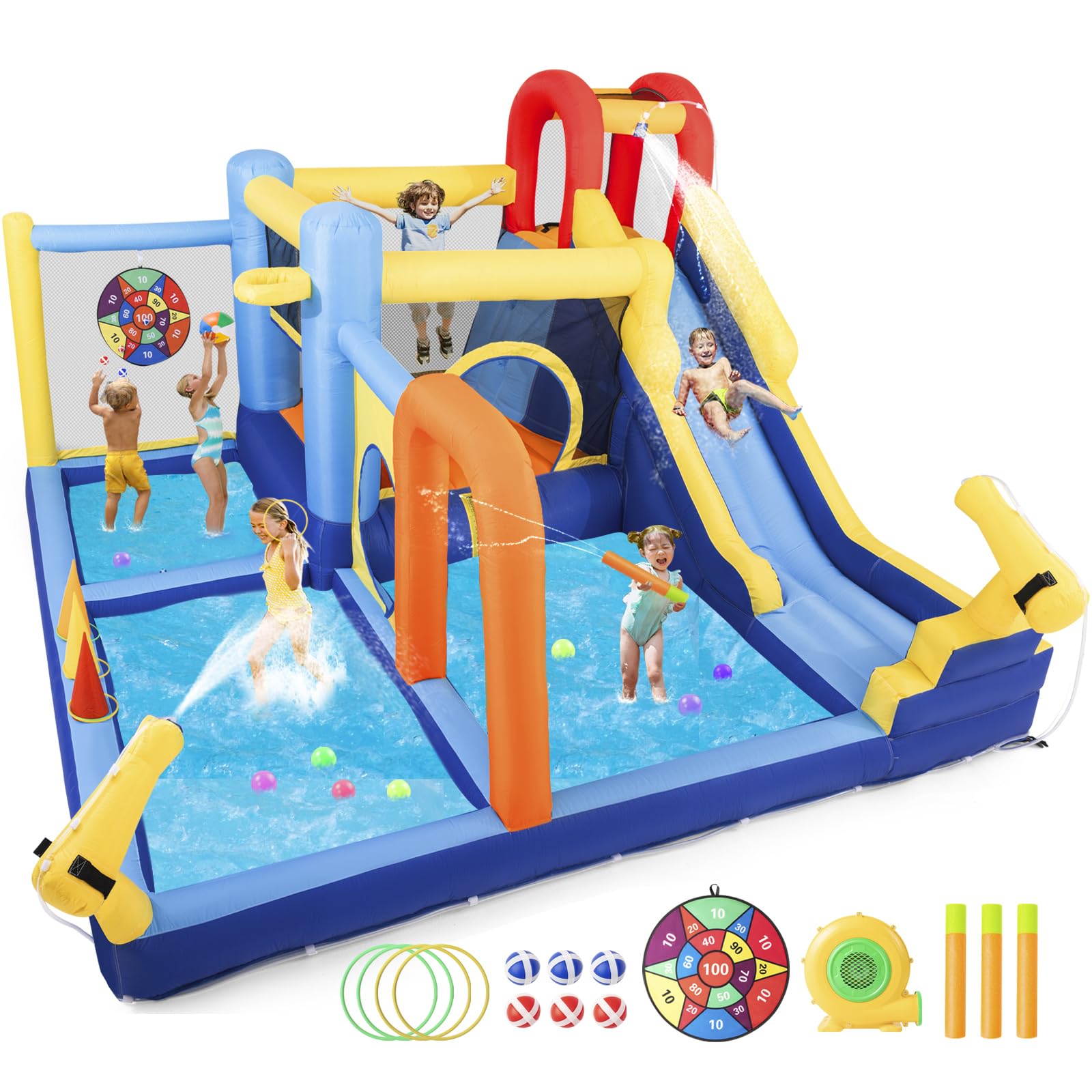 JOYLDIAS Inflatable Water Slide,Water Park Bounce House,Slide Bouncer Castle Playhouse w/Splash Pool, Climbing Wall, Trampoline，Felt Ball Target, Ring Toss Game for Kids Outdoor Fun, 550W Air Blower