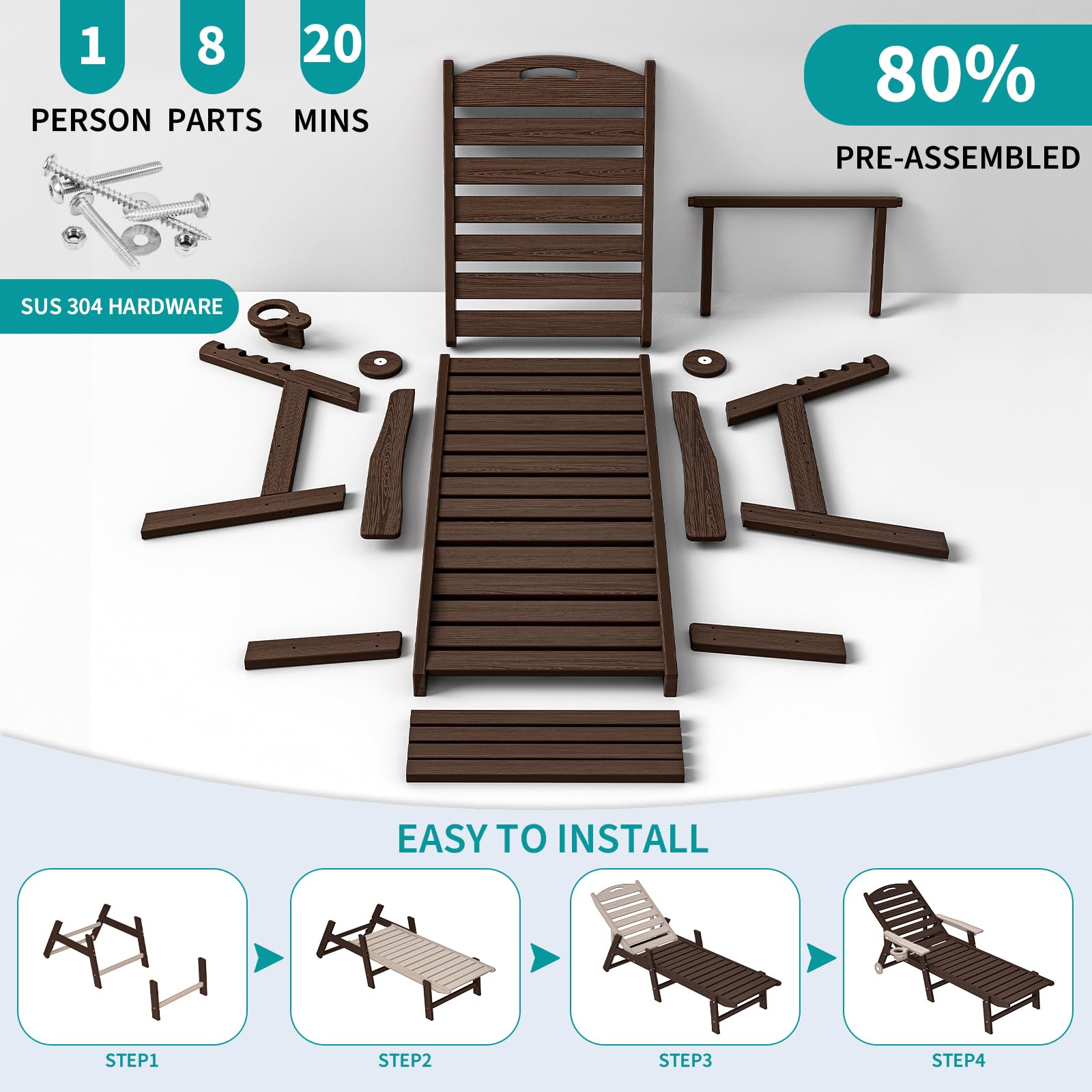 Plawdlik Oversized Patio Chaise Lounge Set of 2, 5 Positions Adjustable HDPE Outdoor Lounge Chair with Rolling Wheels & Cup Holder,All-Weather for Poolside, Beach, Garden - Coffee