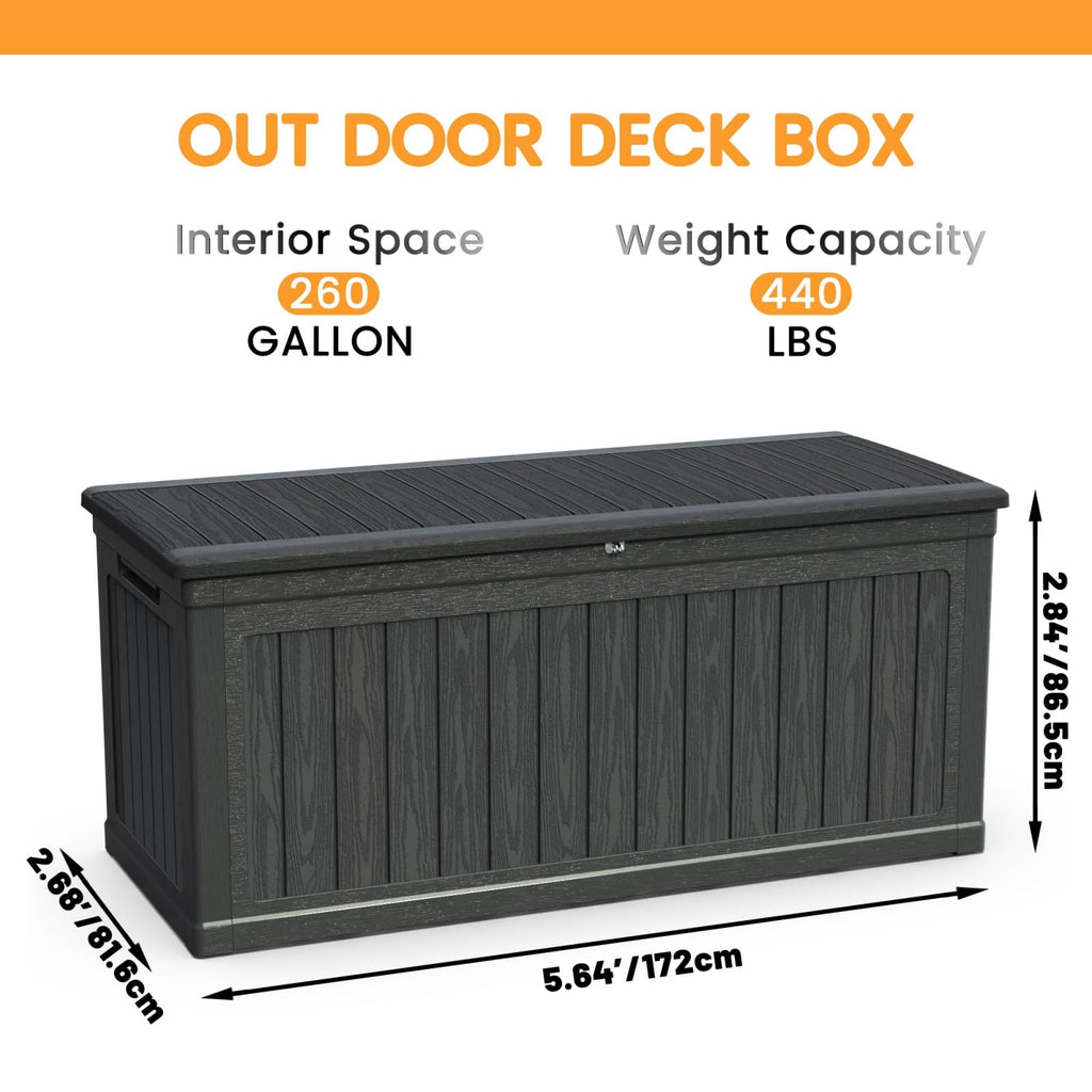 KCSWKJ Large Outdoor Storage Deck Box for Patio Furniture, Outdoor Cushions, Garden Tools and Sports/Pools Equipment, Waterproof Resin, Lockable, Black