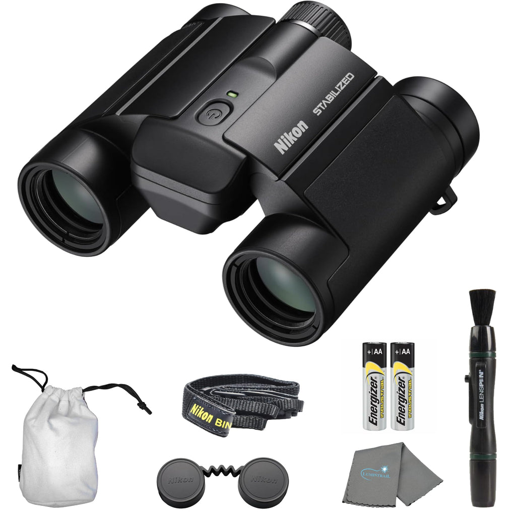 Nikon STABILIZED Binoculars 10x25 S, Image Stabilized Binoculars for Sports, Outdoors, & Wildlife, Compact, Bundle with a Nikon Lens Pen & Cleaning Cloth