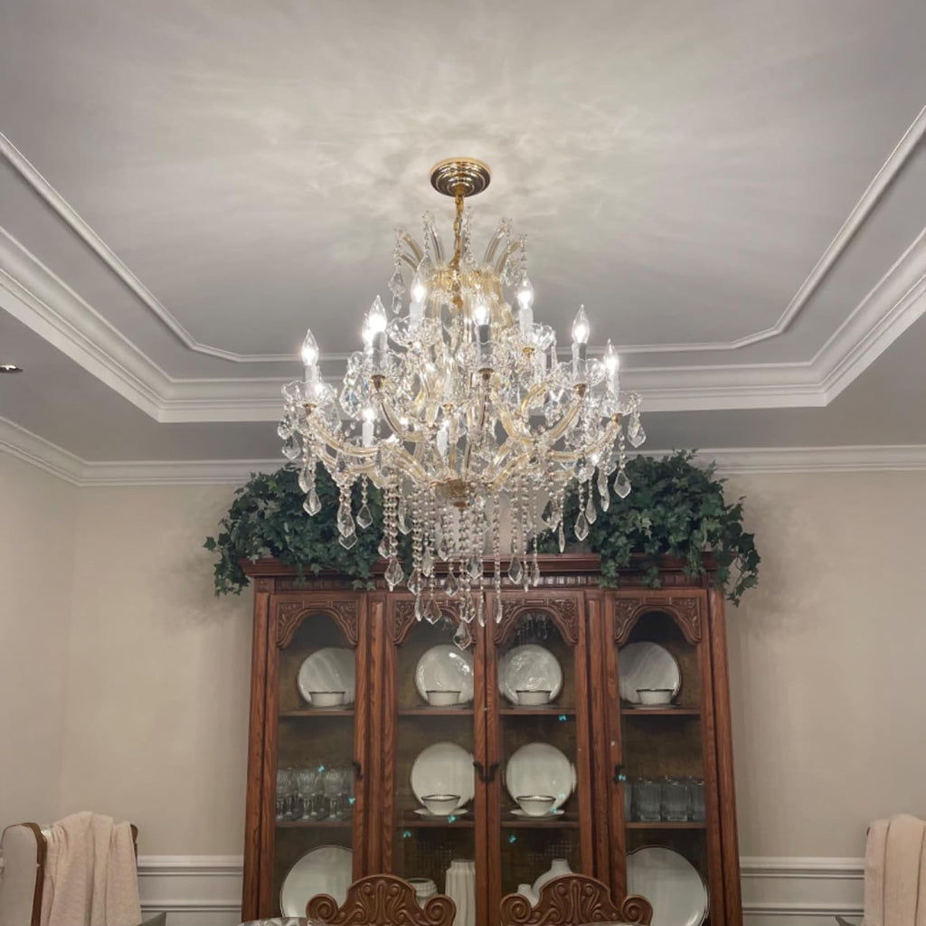 TMAFON Modern Gold Chandelier Light Fixture - Large Maria Theresa Crystal Chandeliers for Dining Room, Kitchen Island, Living Room, Bedroom, 15 Lights, 2 Layers