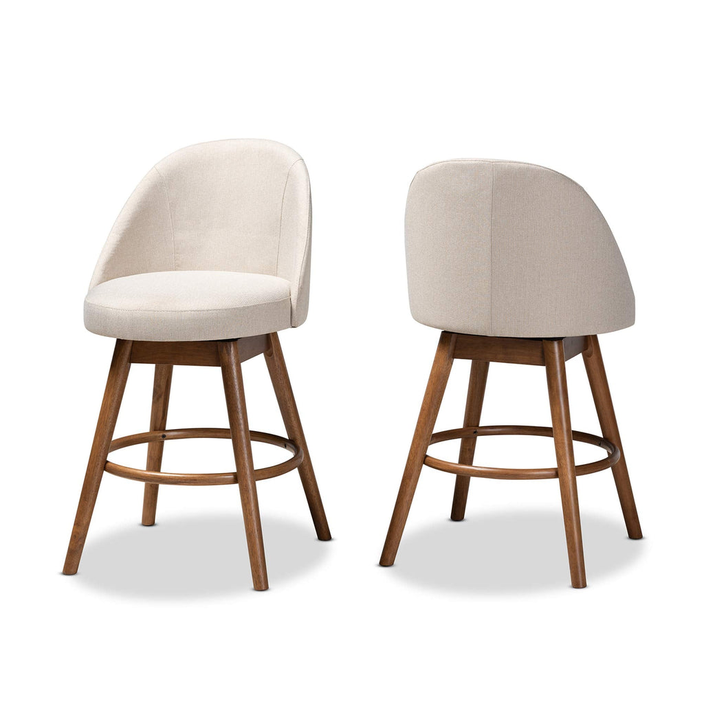 Baxton Studio Carra Mid-Century Modern Light Beige Fabric Upholstered Walnut-Finished Wood Swivel Counter Stool