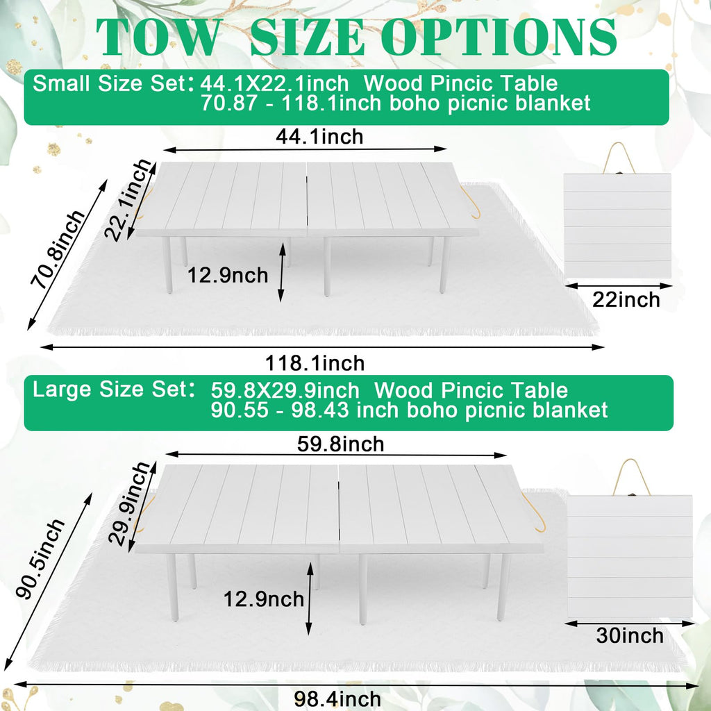 Hahafelt 2 Set Low Picnic Table, Foldable Boho Picnic Table with Extra Large Outdoor Camping Blanket Portable Boho Wood BBQ Tables for Camping Wedding Beach BBQ Party (44.1''x22.1''x12.9'',White)