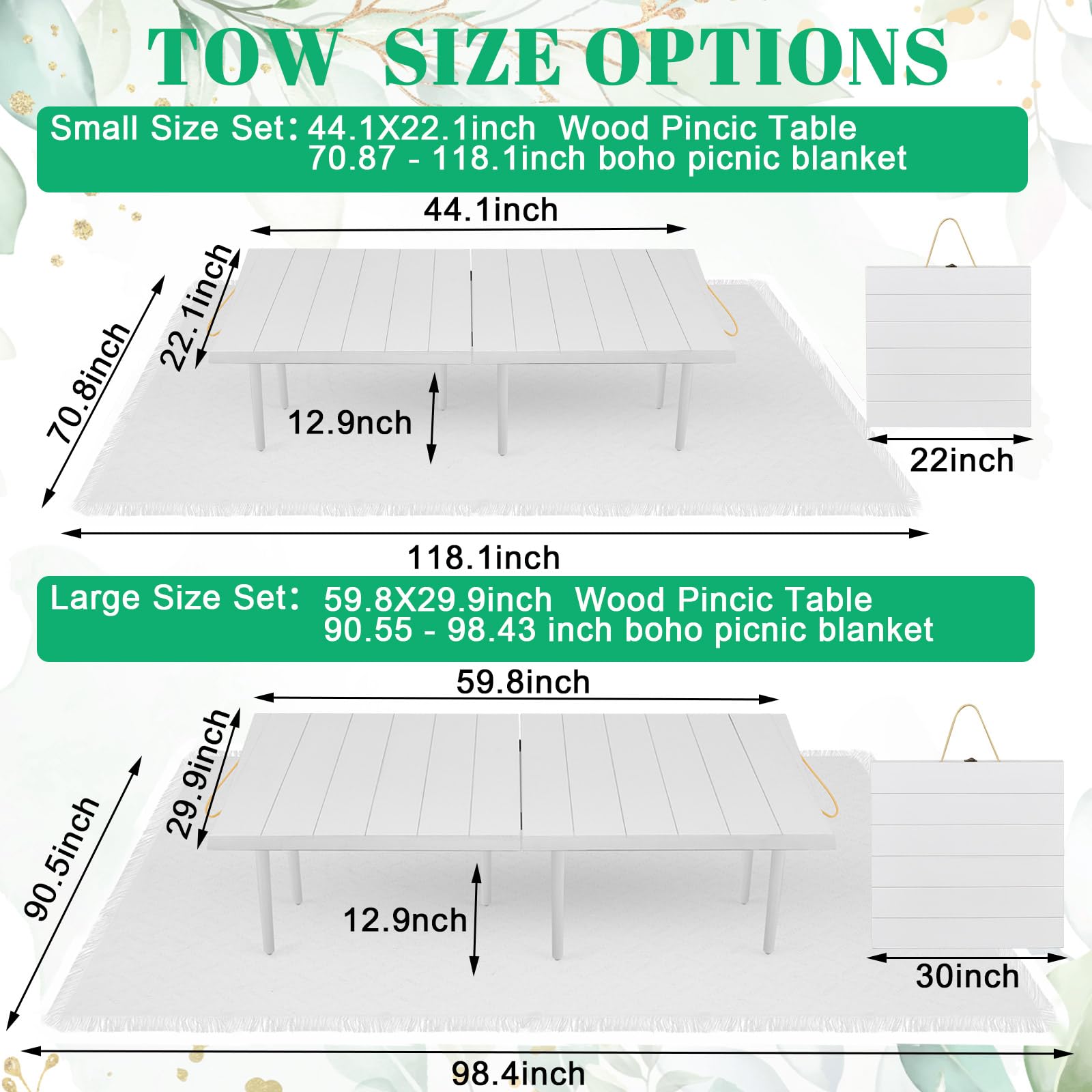 Hahafelt 2 Set Low Picnic Table, Foldable Boho Picnic Table with Extra Large Outdoor Camping Blanket Portable Boho Wood BBQ Tables for Camping Wedding Beach BBQ Party (44.1''x22.1''x12.9'',White)