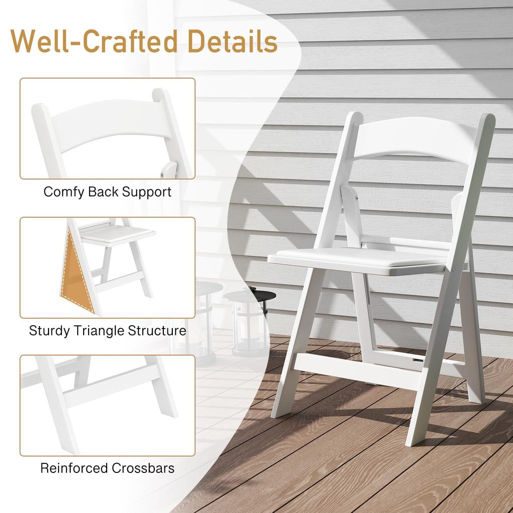 HAPPYGRILL Folding Patio Dining Chairs Set of 20, 1100 lbs Capacity Resin Padded Seats, Lightweight Portable Outdoor Chairs for Patio, Office, Weddings, Events, White (20)