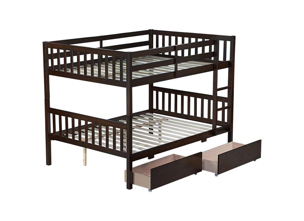 PVWIIK Full Over Full Wood Bunk Bed with 2 Drawers & Ladder for Adult Teenagers Kids Bedroom Dorm Guest Room,Convertible into 2 Full Beds Frame/Under Bed Space/No Box Spring Required,Espresso