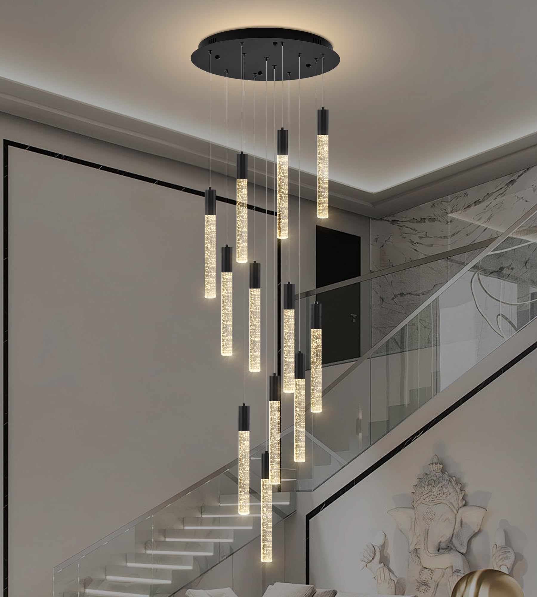 Upfelw Modern High Ceiling Crystal Chandelier 12-Lights, Large Spiral LED Raindrop Foyer Pendant Lighting, Bubble Staircase Living Room Hanging Light Fixture Flush Mount Black
