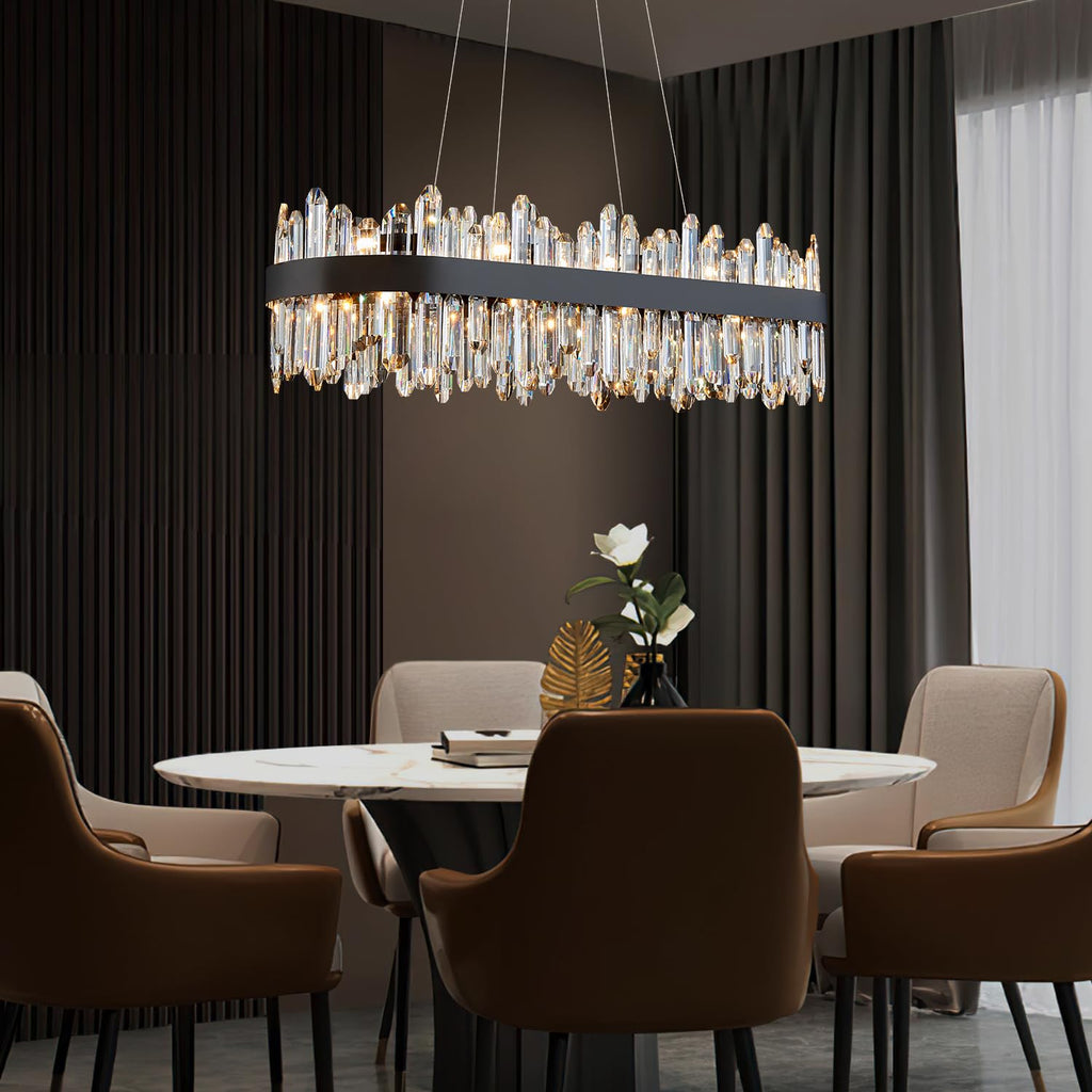 DUNFIZZ Modern Rectangular Crystal Chandelier, 20-Lights Black Raindrop Chandelier Lighting Contemporary Pendant Ceiling Light Fixture for Dining Room Living Room Kitchen Island L35.4''