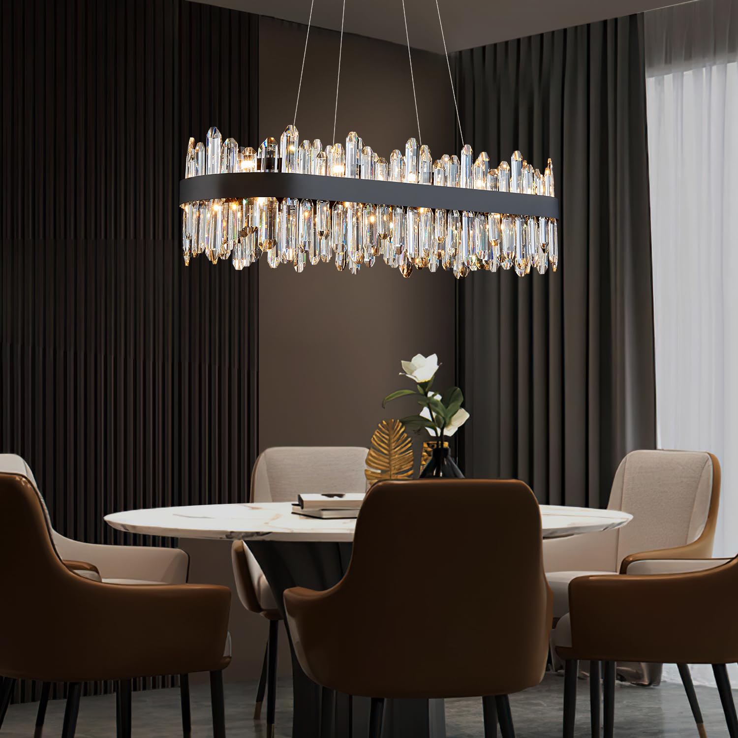 DUNFIZZ Modern Rectangular Crystal Chandelier, 20-Lights Black Raindrop Chandelier Lighting Contemporary Pendant Ceiling Light Fixture for Dining Room Living Room Kitchen Island L35.4''