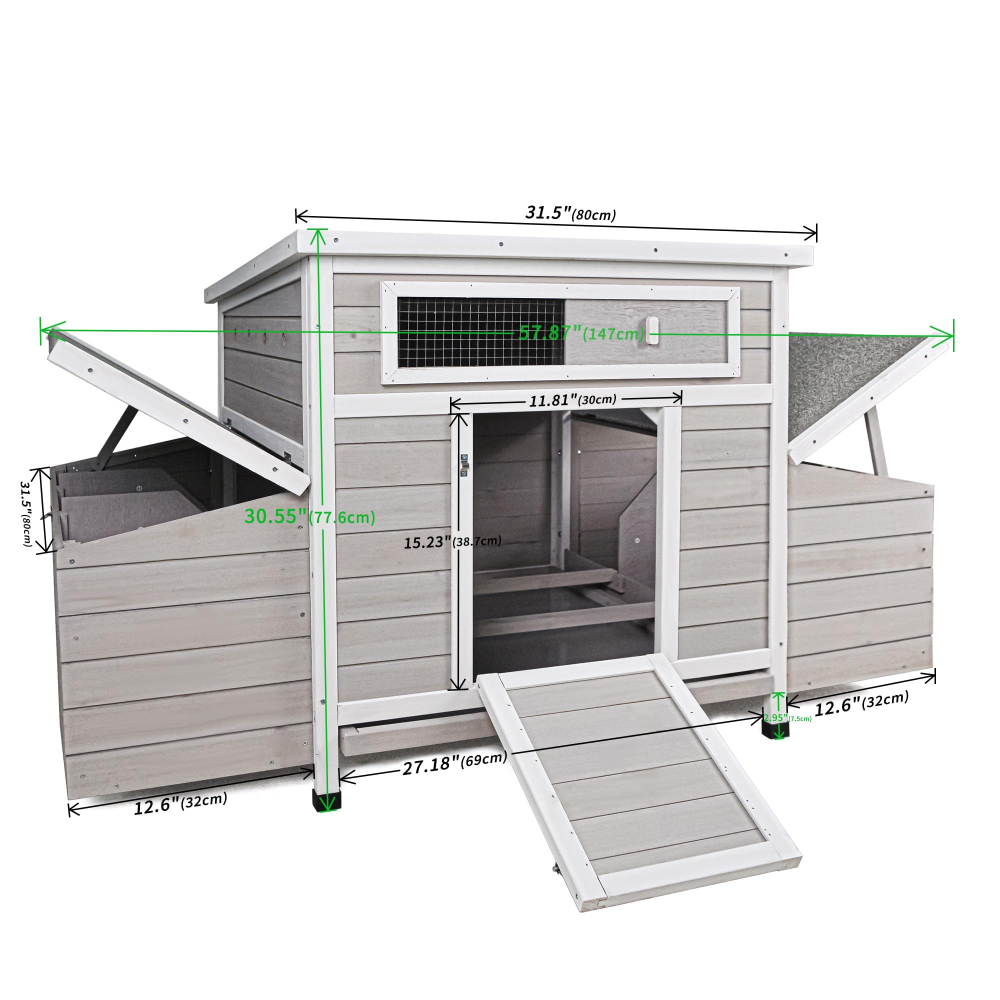 KEIKI Large Wooden Chicken Coop, Outdoor Hen House, Poultry Cage, Rabbit Hutch, Wooden Poultry Cage for Outdoor with 2 Sides Nesting Boxes, Gray+White
