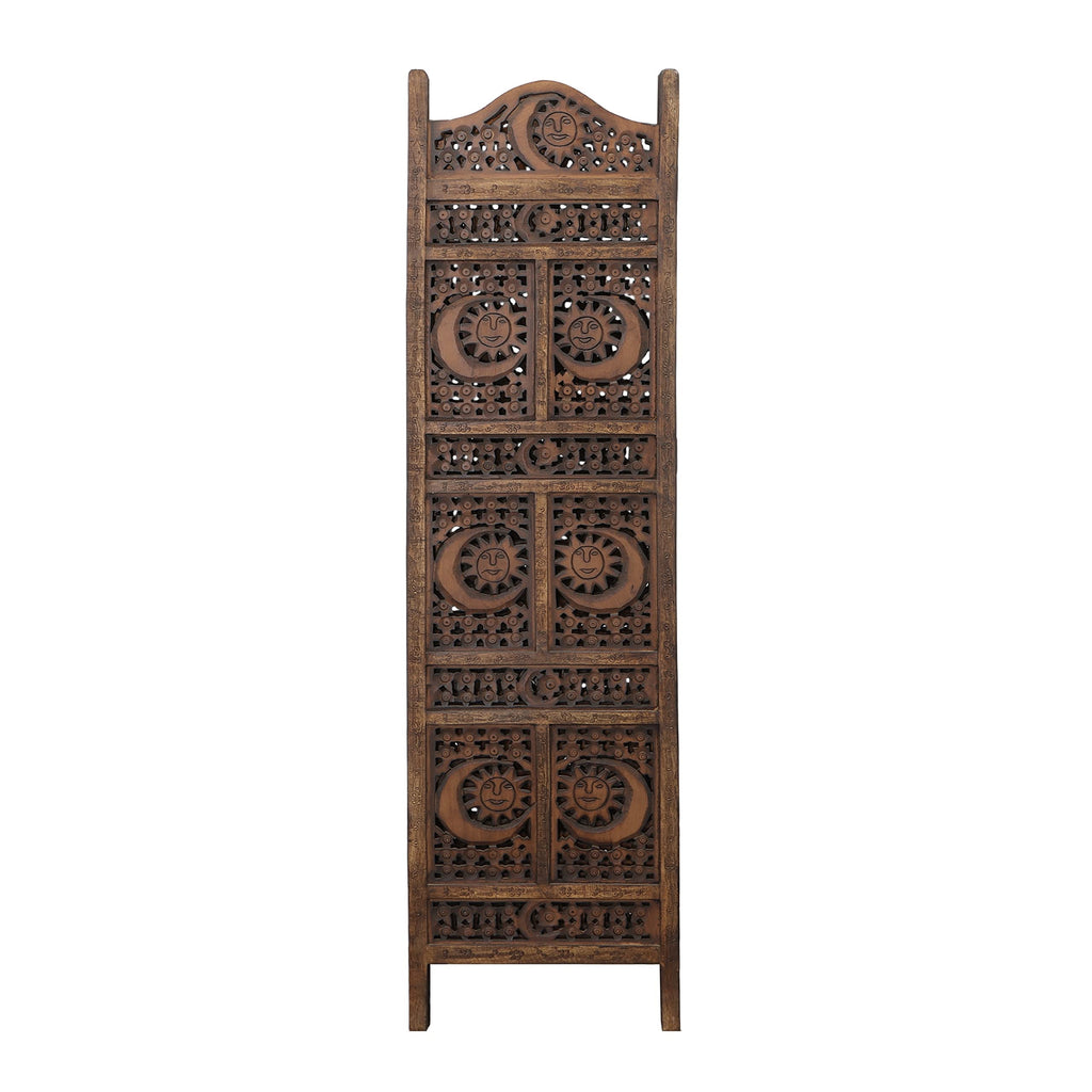 Hand Carved Sun and Moon Design Foldable 4 Panel Wooden Room Divider, Decorative Privacy Screen, Rustic Home Partition Decor
