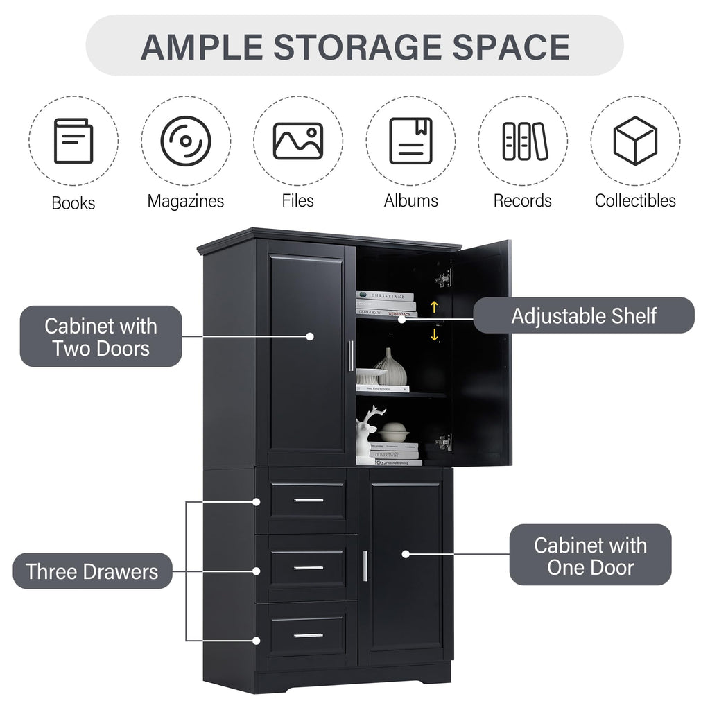62.2" Wide Storage Cabinet Pantry Cupboard with Doors and Drawers for Home Kitchen, Bathroom and Living Room, Adjustable Shelf, Black