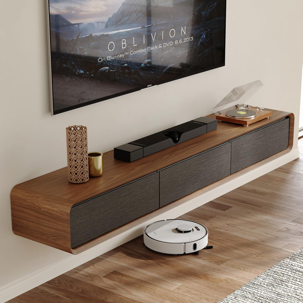 POVISON Fully-Assembled Minimalist Floating TV Stand, Modern Wall-Mounted Entertainment Center with 3 Flip-Down Cabinet Doors, Wood Media Console