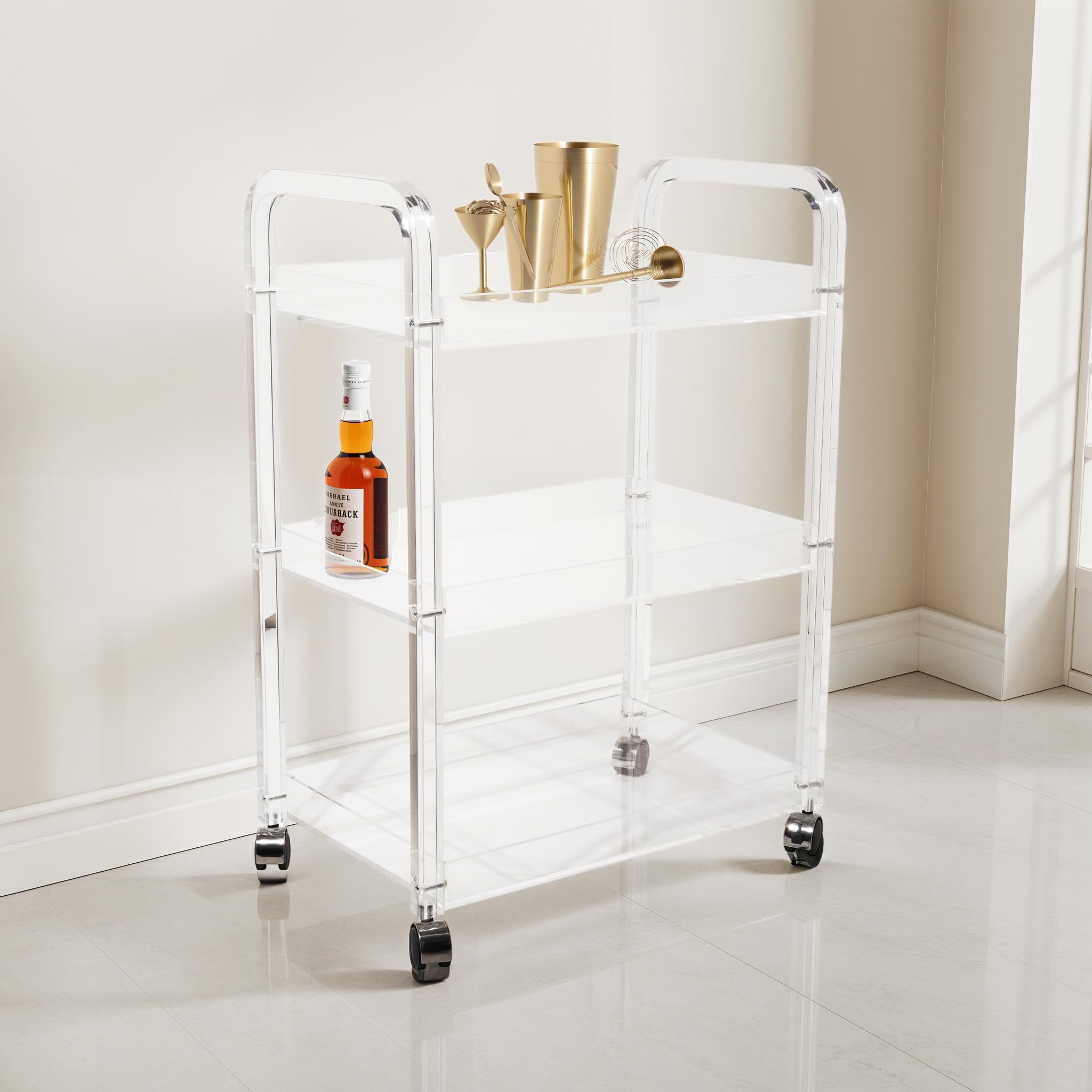 Bloomingville Clear Acrylic 3-Tier Bar Cart on Casters, White