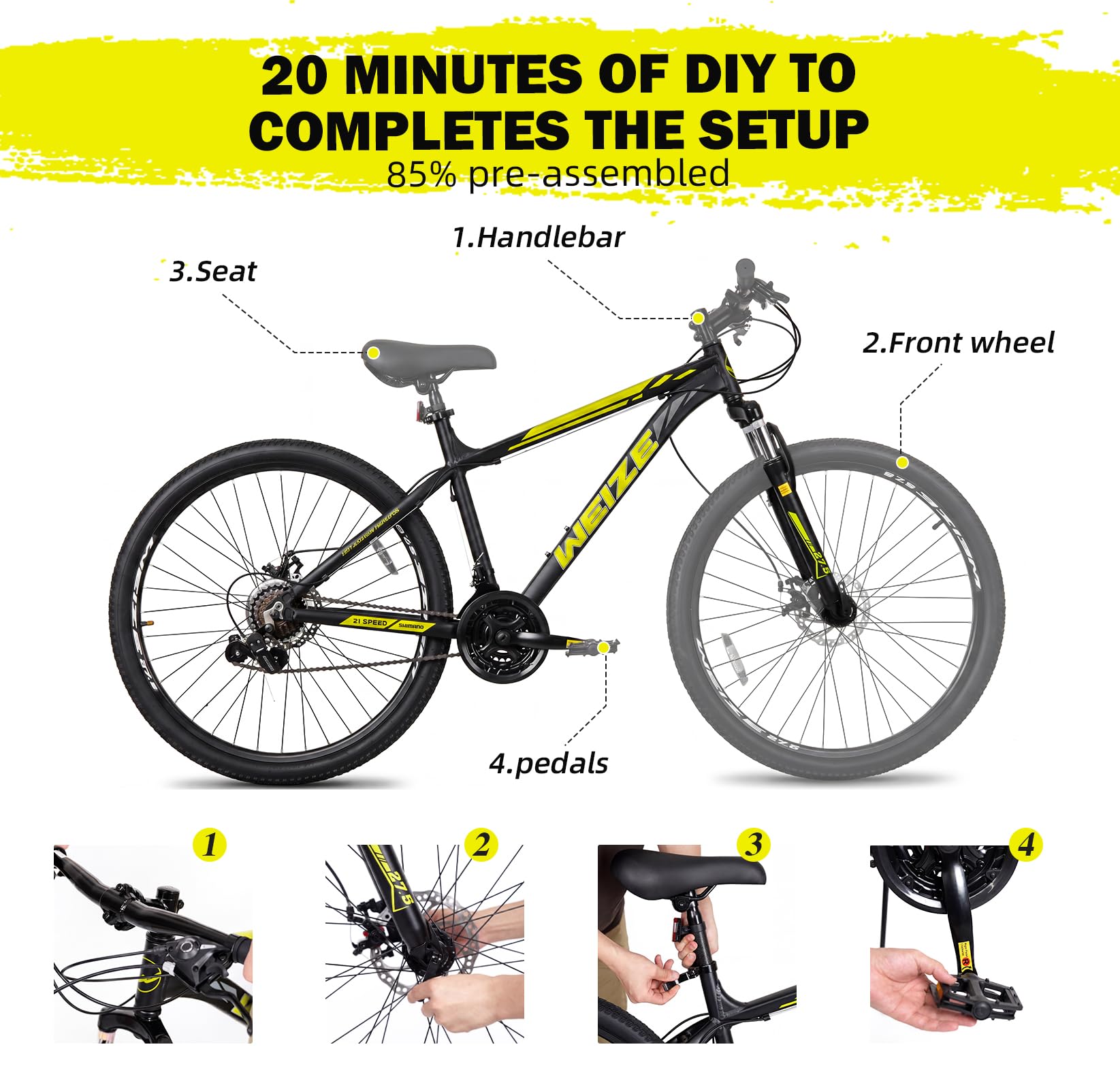 WEIZE Mountain Bike, 26/27.5-Inch Adult Bike, 21-Speed Rear Disc Brake, Lightweight Aluminum Frame for Men and Women, Comfort Saddle for Outdoor Trail Riding,Black