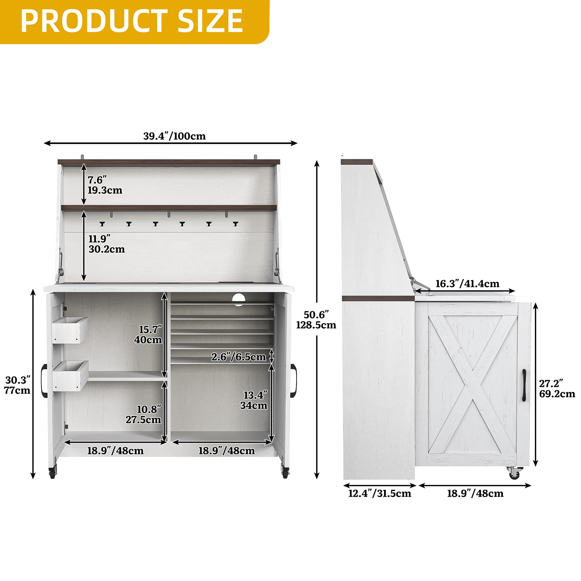 DWVO Folding Sewing Table with Charging Station & Storage, Multi-Function Craft Desk with Lockable Wheels, Magnetic Doors & Hidden Storage
