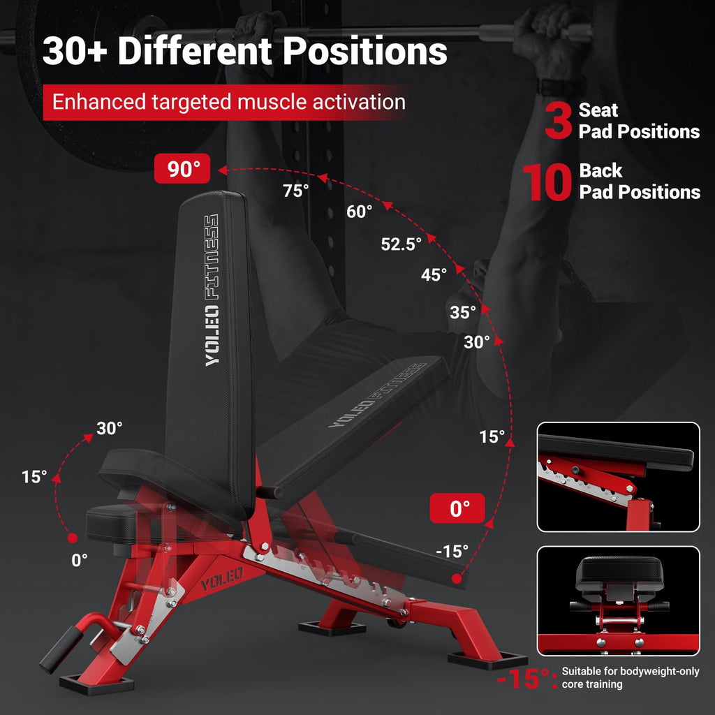 YOLEO Commercial Adjustable Weight Bench - MAX 2300LBS Heavy Duty Workout Bench for Home Gym, Decline/Flat/Incline Bench Press 2.4" Thick Pad (6-Step Assembly) (Weight Bench + 1 Dumbbell)