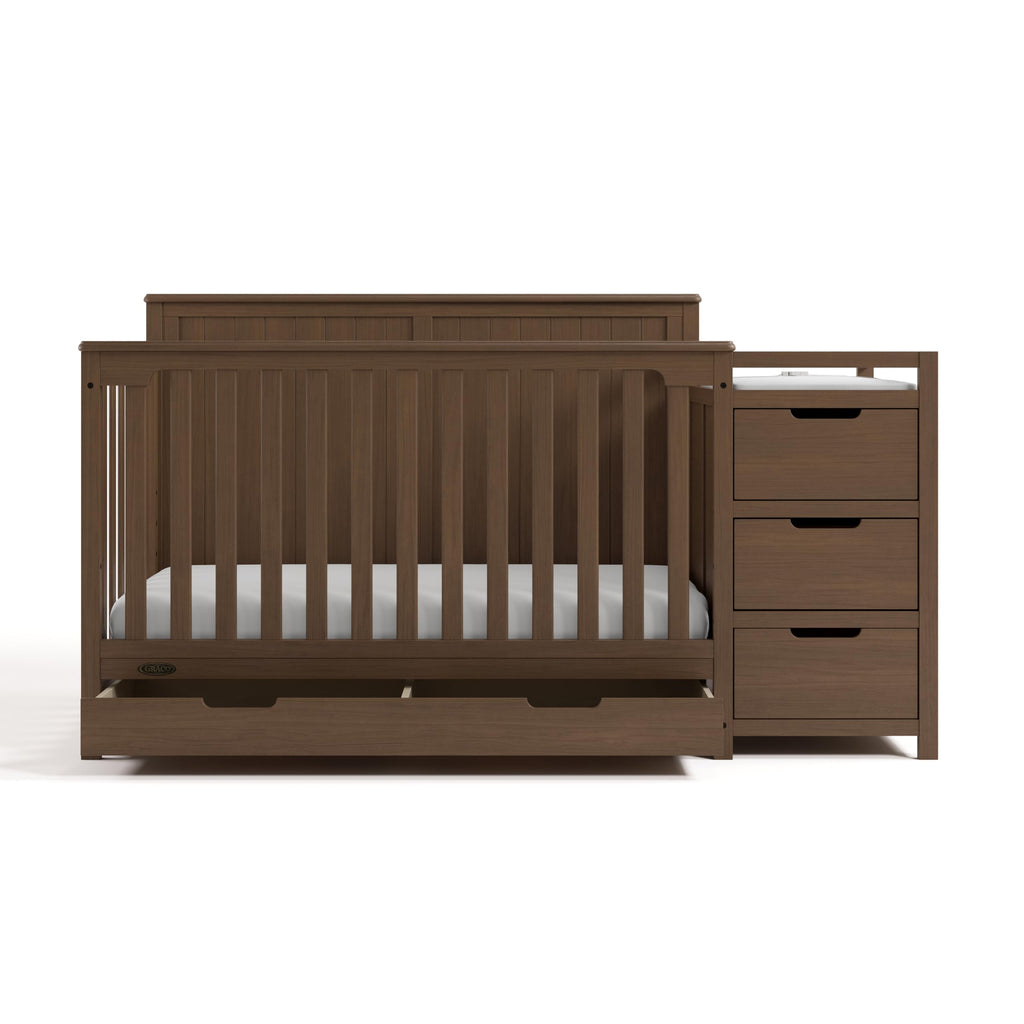 Graco Hadley 5-in-1 Convertible Crib & Changer – GREENGUARD Gold Certified, Fits Standard Crib Mattress, Converts to Toddler Bed and Full Bed, 4 Adjustable Mattress Heights (Hazelnut)