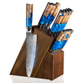SENKEN 15-Piece Damascus Knife Block Set - "Tsunami" Collection Japanese Chef Knife Set - 67-Layer Japanese VG10 Steel Blades, Includes Chef Knife, Cleaver, 6 Steak Knives (Blue)