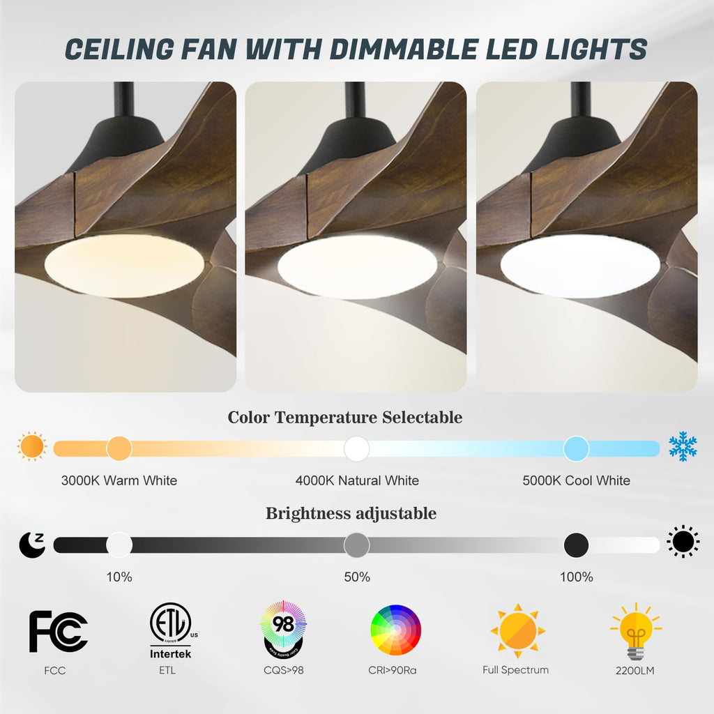60 Inch Ceiling Fans with Lights, Outdoor Ceiling Fans for Patios with Light Damp Rated, 3 Blades Wood DC Ceiling Fan Modern Large Airflow Commercial Ceiling Fan with Remote & APP for Exterior Indoor