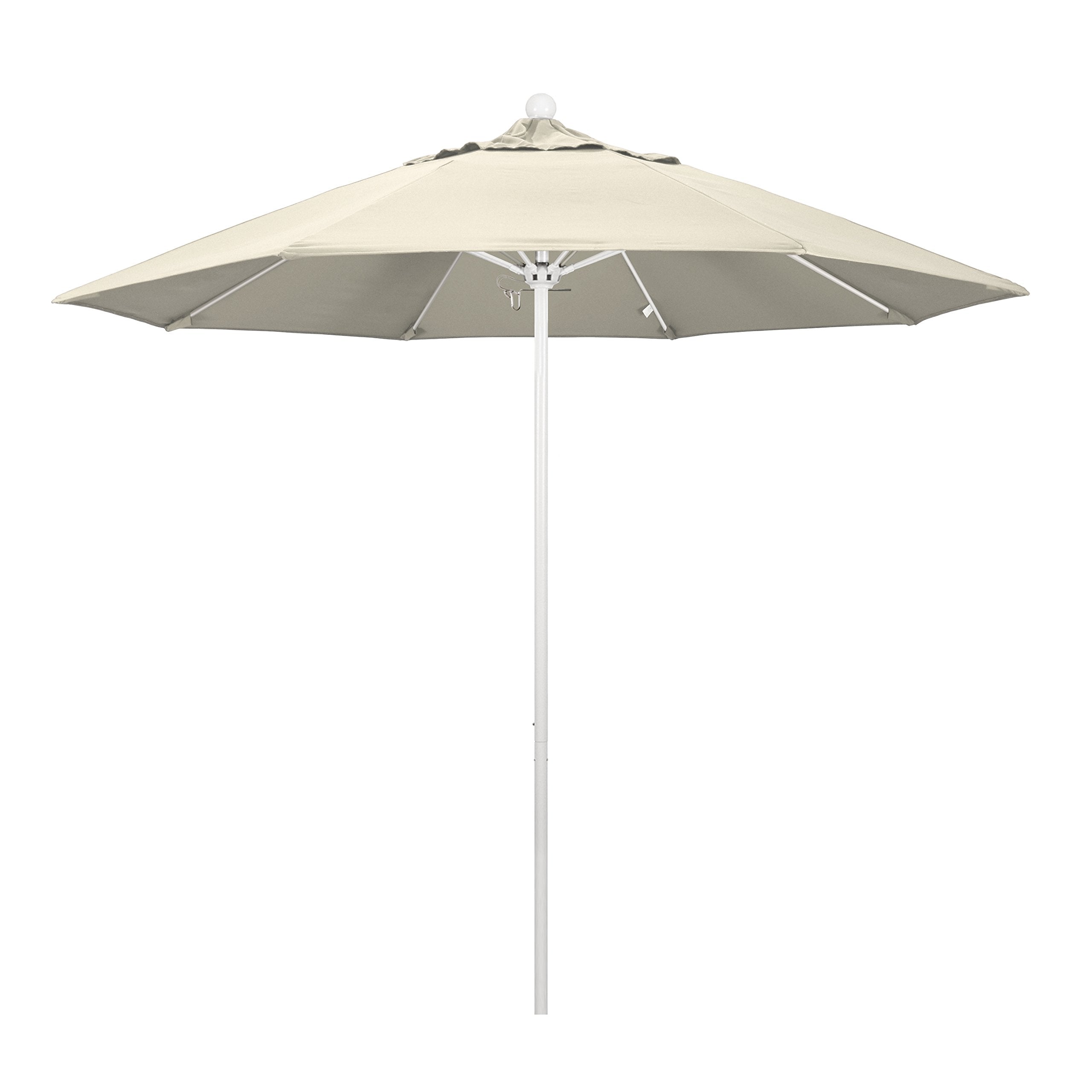 California Umbrella 9' Round Aluminum/Fiberglass Umbrella, Push Open, White Pole, Olefin Antique Beige