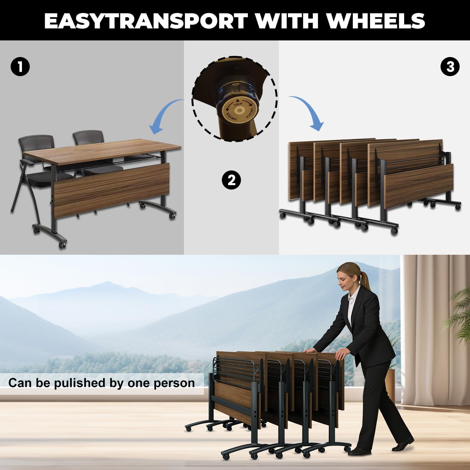Folding Conference Tables,Flip Top Conference Room Tables,55.1 Inches Mobile Training Table with Silent Wheels,Modern Foldable Modular Boardroom Meeting Seminar Table for Office Classroom, 6 Pack