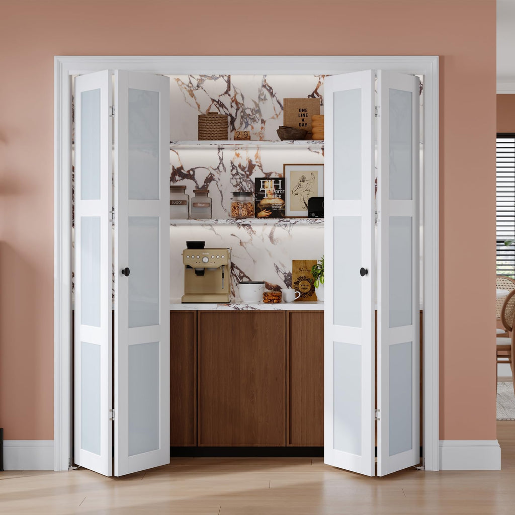 EaseLife Preassembled Bi-Fold Doors, for 72"x 80" Opening,Tempered Frosted Glass Closet Folding Barn Door with Concealed Hardware Kit,MDF Wood Panel,Water-Proof PVC Surface,Easy Installation