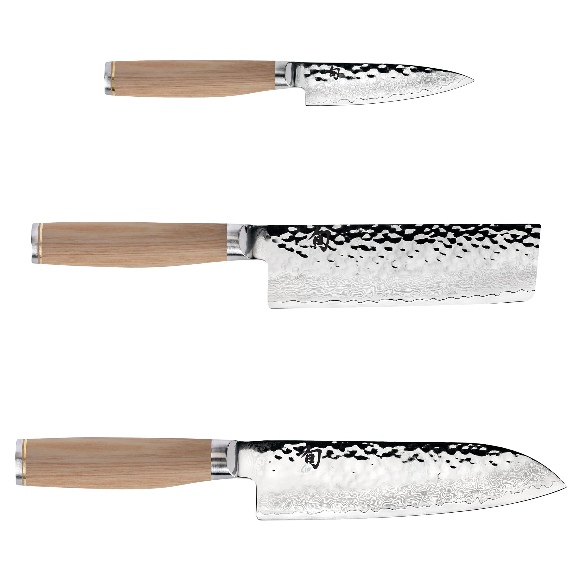 Shun Premier Blonde 3 Piece Japan Starter Set, Includes 7" Santoku, 4" Paring & 5.5" Nakiri Knives, Handcrafted Japanese Knife Set, VG-MAX Core with Damascus Stainless Steel Cladding, Pakkawood Handle
