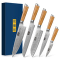 HOSHANHO 5 Pieces Kitchen Knife Sets, Ultra Sharp Professional Damascus Super Steel Chef Knives Sets with Ergonomic Olive Wood Handle, Including Chef, Bread, Santoku, Utility & Paring Knives