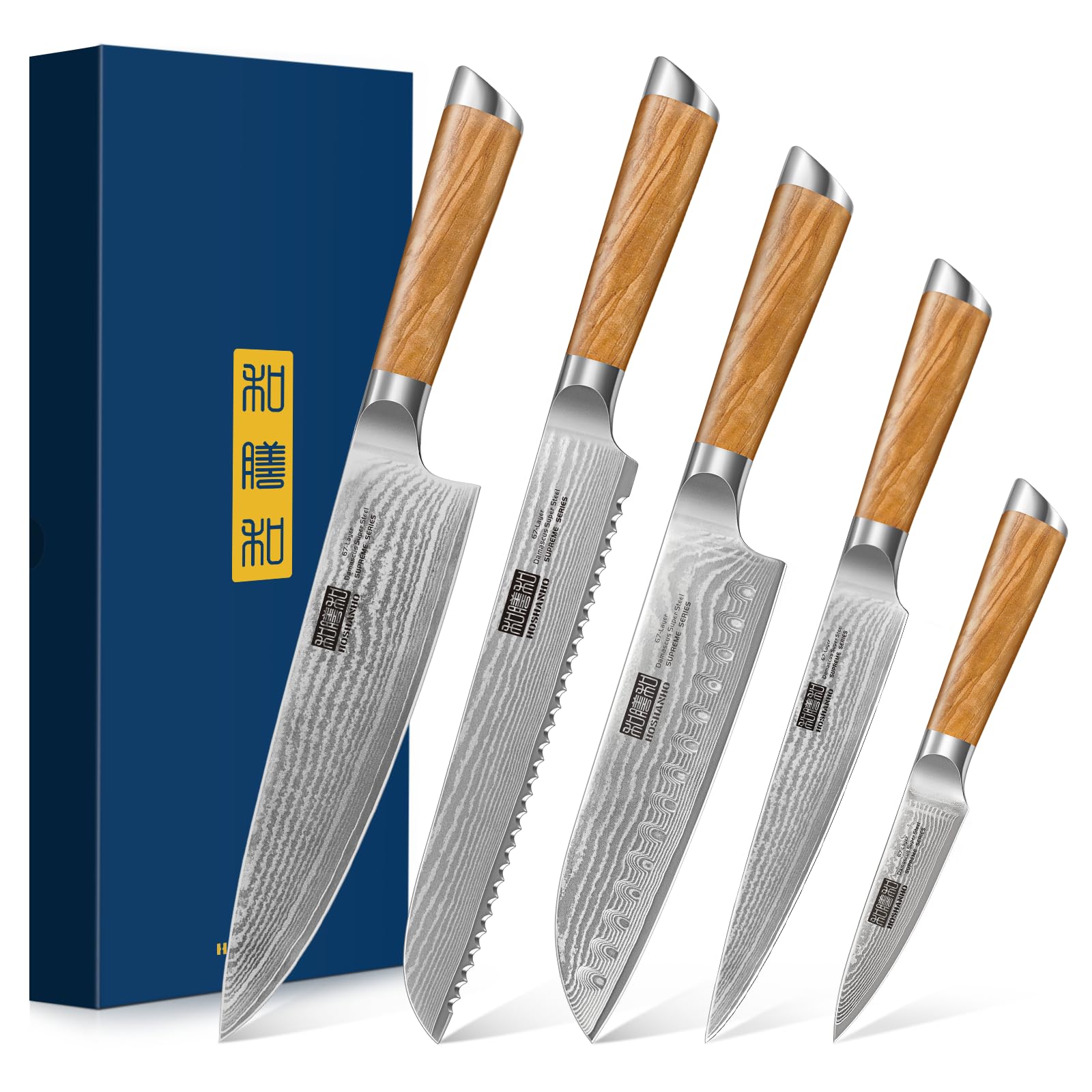 HOSHANHO 5 Pieces Kitchen Knife Sets, Ultra Sharp Professional Damascus Super Steel Chef Knives Sets with Ergonomic Olive Wood Handle, Including Chef, Bread, Santoku, Utility & Paring Knives