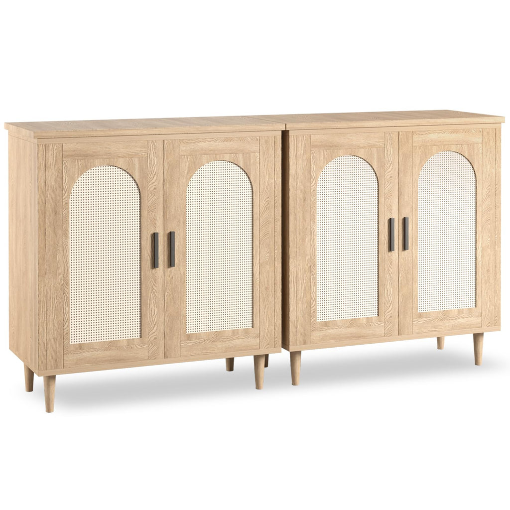 Garvee Rattan Buffet Cabinet with Storage, Sideboard Cabinet with 2 Doors and Adjustable Shelves, Boho Wood Cupboard for Kitchen, Livingroom, Dining Room, Entryway (Natural, 2 PCS)