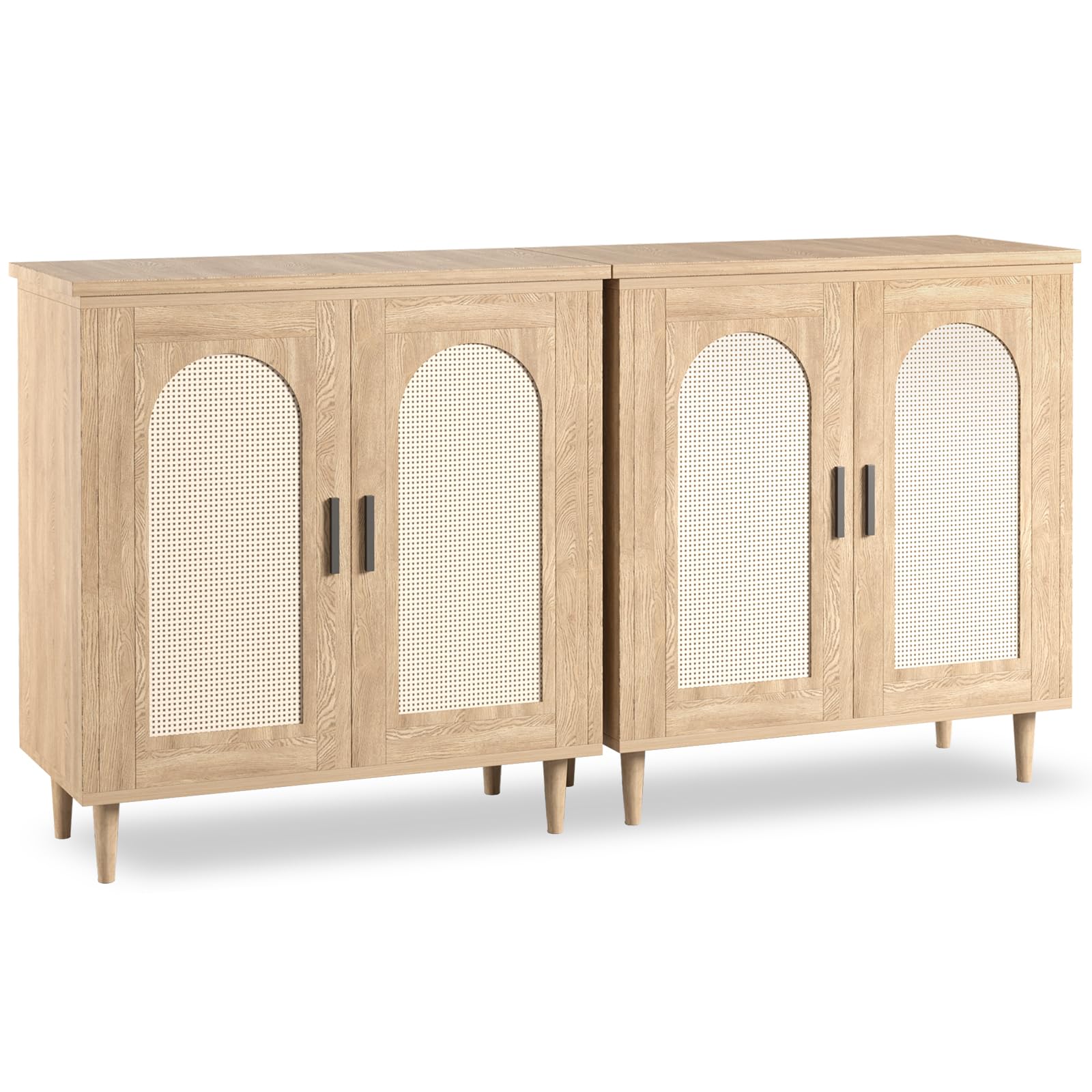 Garvee Rattan Buffet Cabinet with Storage, Sideboard Cabinet with 2 Doors and Adjustable Shelves, Boho Wood Cupboard for Kitchen, Livingroom, Dining Room, Entryway (Natural, 2 PCS)