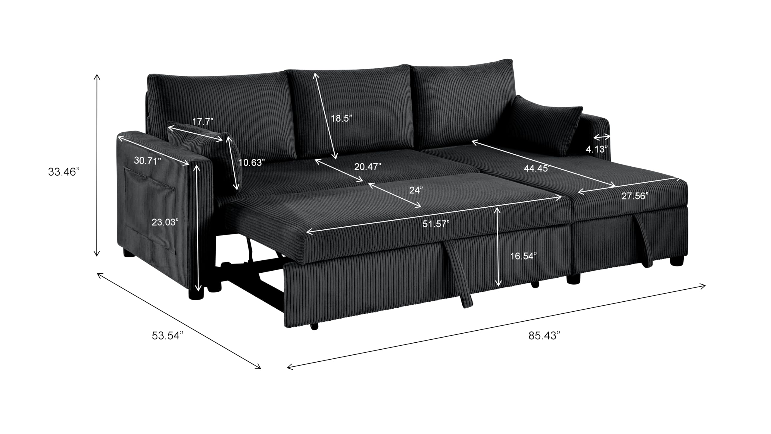 Trygoal Sectional Sleeper Sofa with Pull Out Bed, L Shape Convertible Sofa Bed Couch with Storage Chaise, 3 in 1 Pull Out Sofa Bed with 3 Seats for Living Room,Apartment, Black, 85Inch