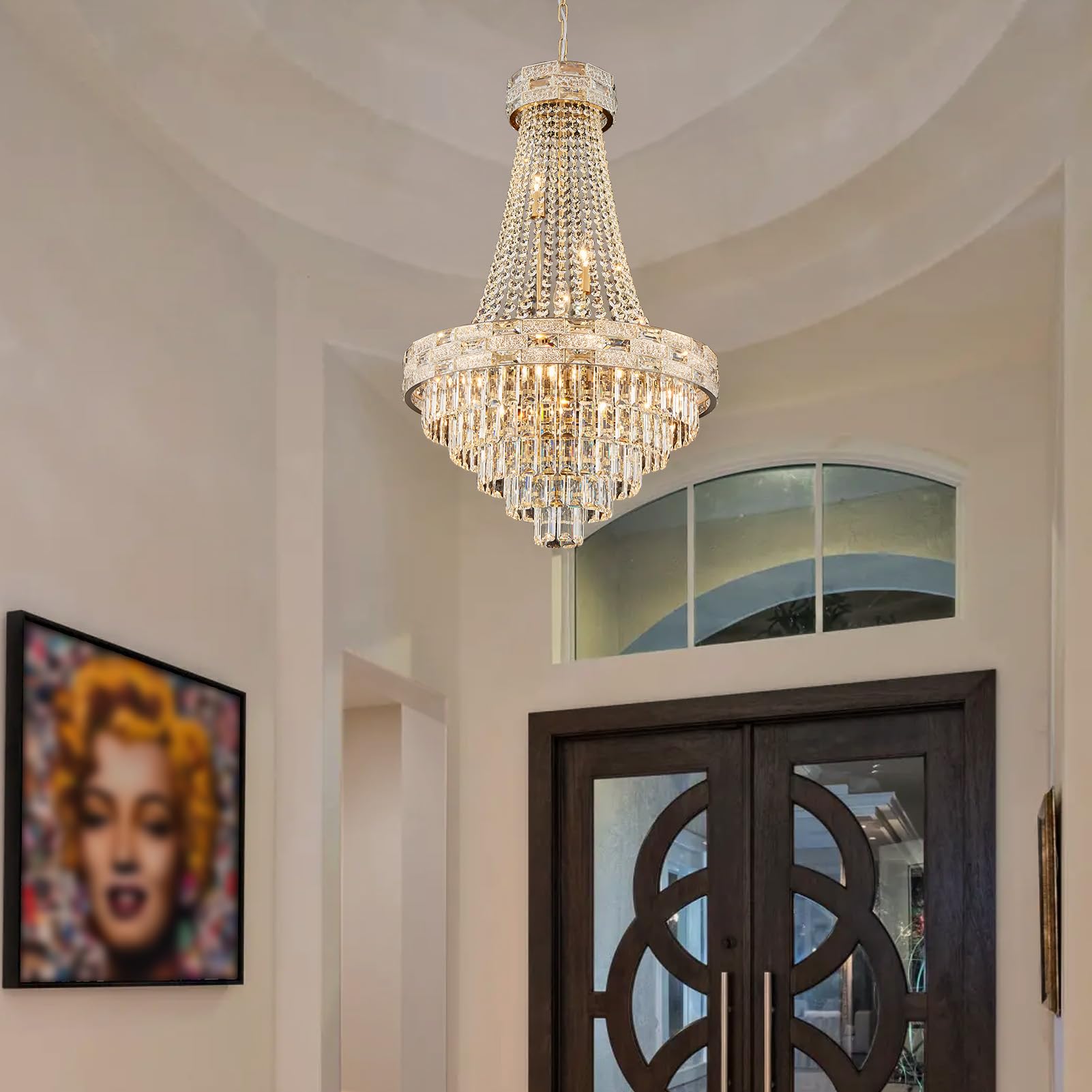 SHAOCHIAO 12-Light Gold Crystal Chandeliers,Empire Chandelier Light Fixture Modern High Ceiling Hanging Chandelier for Entryway,Foyer,Staircase,Hallway,Living Room(H36 x D23.2)