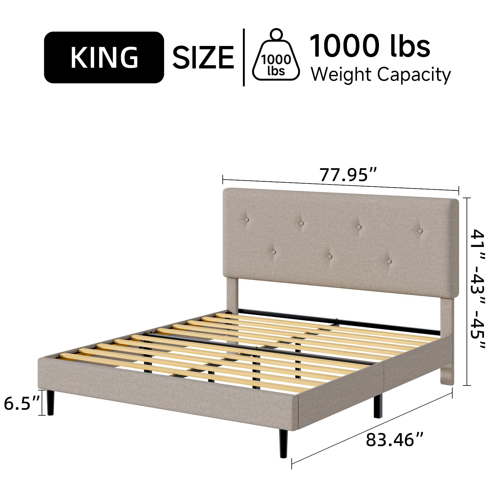 Mxhtcewz King Size Linen Bed Frame, Upholstered Platform Bed Frame with Adjustable Headboard, Wooden Slats Support, Easy Assembly, No Box Spring Needed, Beige