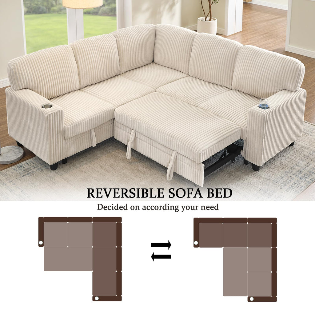 ERYE L-Shaped Symmetrical Sleeper Sectional Sofa W/Pull Out Sleeper Couch Bed and Storage Seat for Living Room, Corduroy Tufted Corner Convertible Sofa Bed with USB-C Ports
