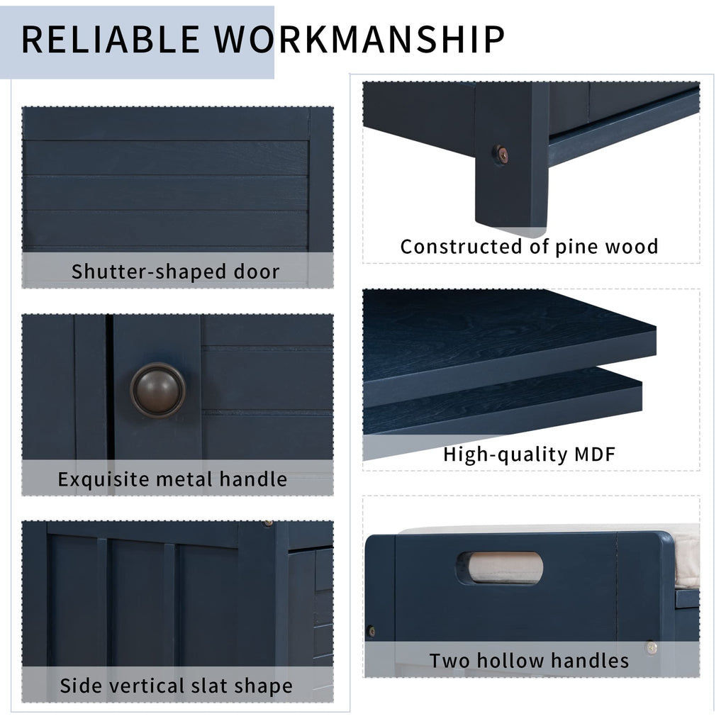 Merax Farmhouse Wood Shoe Bench with Seat Cushion Window Storage Cabinets for Entryway Hallway Living Room Antique Navy